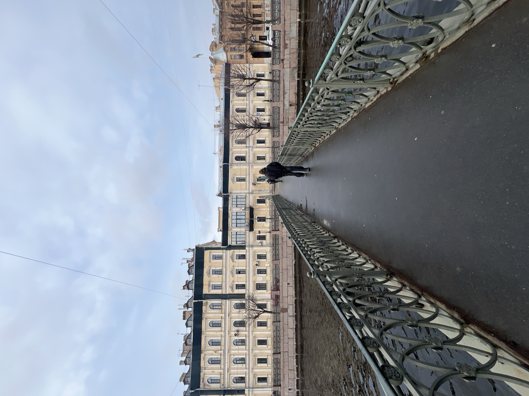 A medium-angle shot, rotated 90 degrees, depicts a pedestrian bridge in Saint Petersburg, Russia. The image is centered on a paved bridge walkway that appears damp, possibly due to recent rain. On either side, intricately designed wrought iron railings with circular motifs line the bridge, adding to its aesthetic appeal.
A solitary figure, seemingly a pedestrian, is captured walking across the bridge. This person is dressed in a dark jacket and pants, blending into the somber color palette of the scene.
The backdrop showcases a multi-story building with a pale yellow facade. The architectural style suggests a historical period, with symmetrically arranged windows and classical detailing.
Above, the sky is overcast with a mix of gray and pale blue tones, hinting at a cloudy day. Utility wires cut across the sky, indicating an urban setting. The overall atmosphere is muted, with a color scheme that emphasizes the city's historical and architectural character.