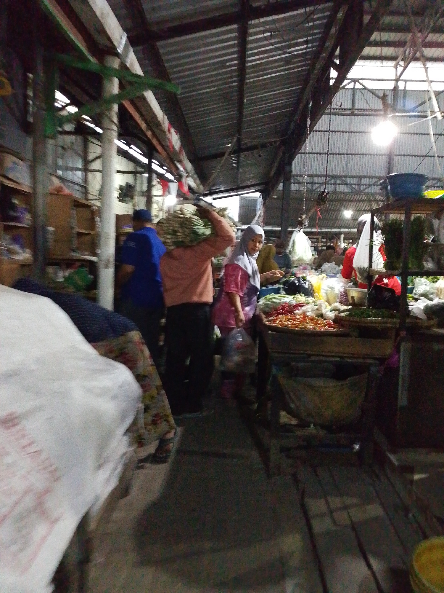 This image depicts an indoor market scene in Pepedan, Indonesia, likely a bustling local marketplace. In the foreground, to the left, a large white object, possibly a covered stall or a pile of goods wrapped in white sheeting, dominates the frame. To the right of this, a person in a patterned skirt and dark top is partially visible, appearing to be tending to merchandise.
Further into the market, a man wearing a blue shirt and a dark cap carries a large bundle of what appears to be produce, possibly pineapple or similar fruits, on his shoulders, moving from left to right. Behind him, a woman wearing a pink hijab and a pink tunic is visible, holding a clear plastic bag and interacting with a stall.
The stall itself is laden with an array of colorful vegetables and other items, including what looks like chili peppers, tomatoes, and other produce arranged in baskets and on surfaces. The market structure is evident with a corrugated metal roof supported by wooden beams. Light fixtures are visible, casting illumination on the scene. Various shelves and stalls are set up, stocked with goods, suggesting a commercial environment. In the background, more stalls and people can be faintly discerned, indicating the depth and activity of the market. The overall impression is one of a lively, traditional Indonesian market.