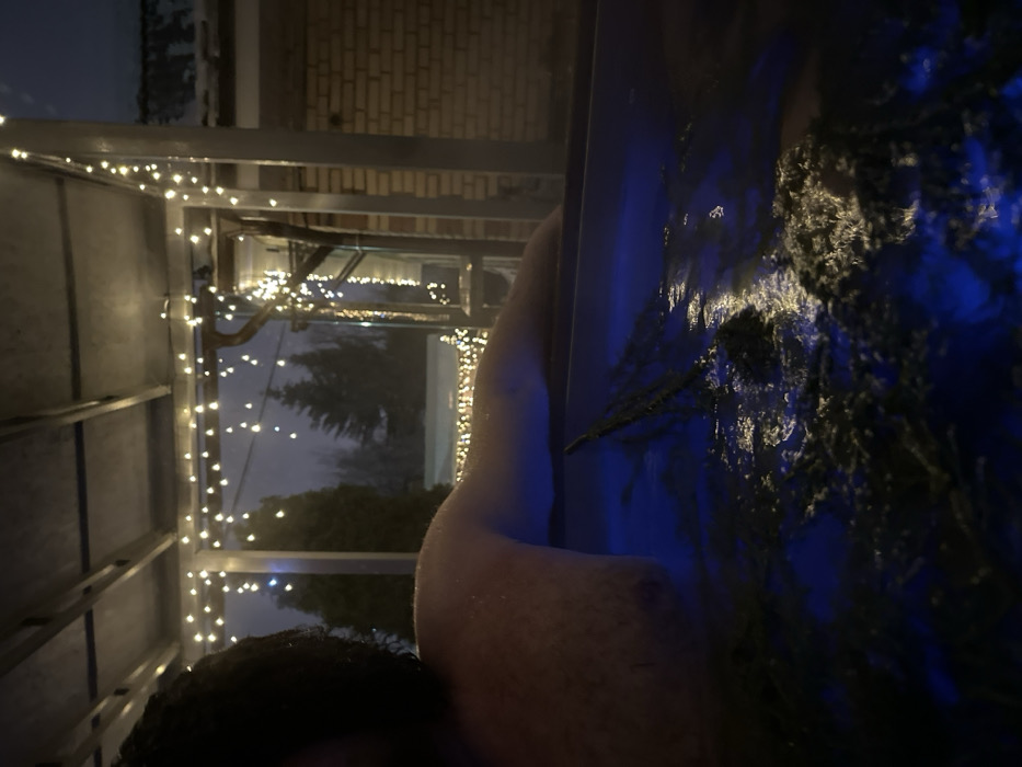An individual with dark, curly hair is depicted from the upper torso, submerged in blue-lit water within what appears to be an outdoor hot tub or spa. A bundle of dark, slender branches is partially submerged in the water near the individual's right arm. Above the water, a dark-colored metallic canopy or pergola structure is visible, strung with multiple strands of warm white fairy lights. The background reveals an exterior nighttime scene in Базарово, Russia, characterized by snow-covered ground and rooftops. Dark evergreen trees and bare deciduous trees are present in the distance. To the right, a section of a light-colored brick building with a snow-dusted roof is observable.