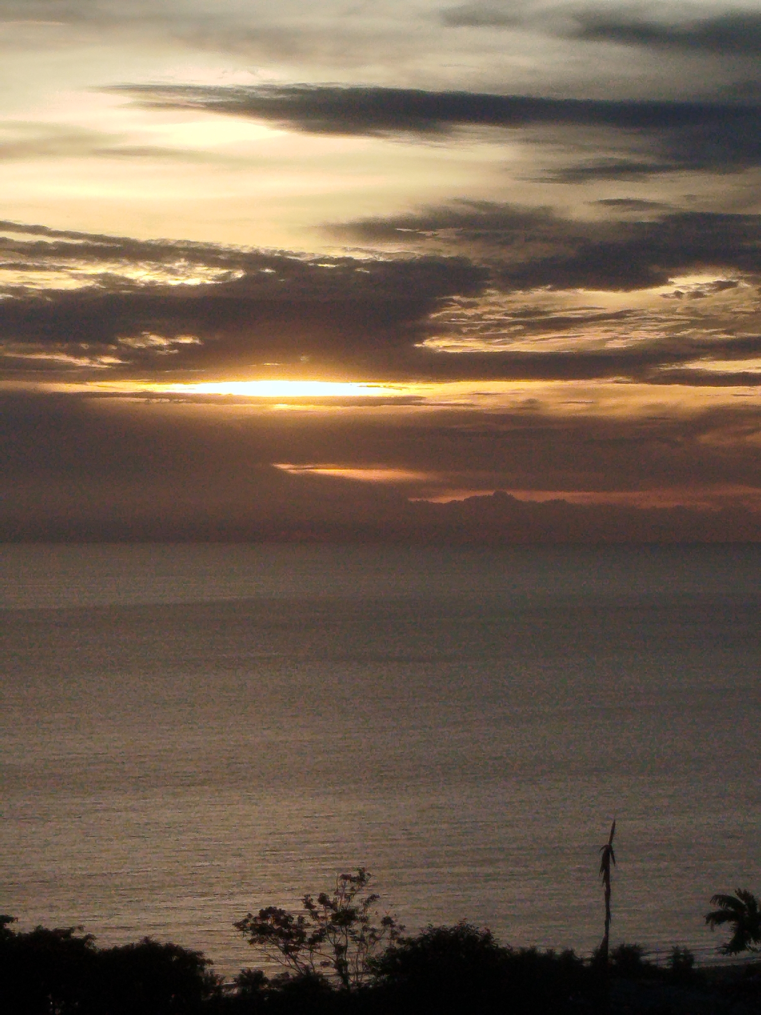 This is a vertical, medium-shot, natural light photograph taken at dusk from a high vantage point overlooking the ocean in Karon, Thailand. The sky is filled with dramatic, layered clouds, with a bright band of sunset light breaking through near the horizon, casting a warm glow on the scene. The ocean below is calm and appears dark, reflecting the muted colors of the sky. In the foreground, silhouetted against the twilight, is the dark outline of trees and vegetation. A single, tall, thin palm tree stands prominently in the middle ground on the right, its fronds visible. The overall impression is one of serene natural beauty.
