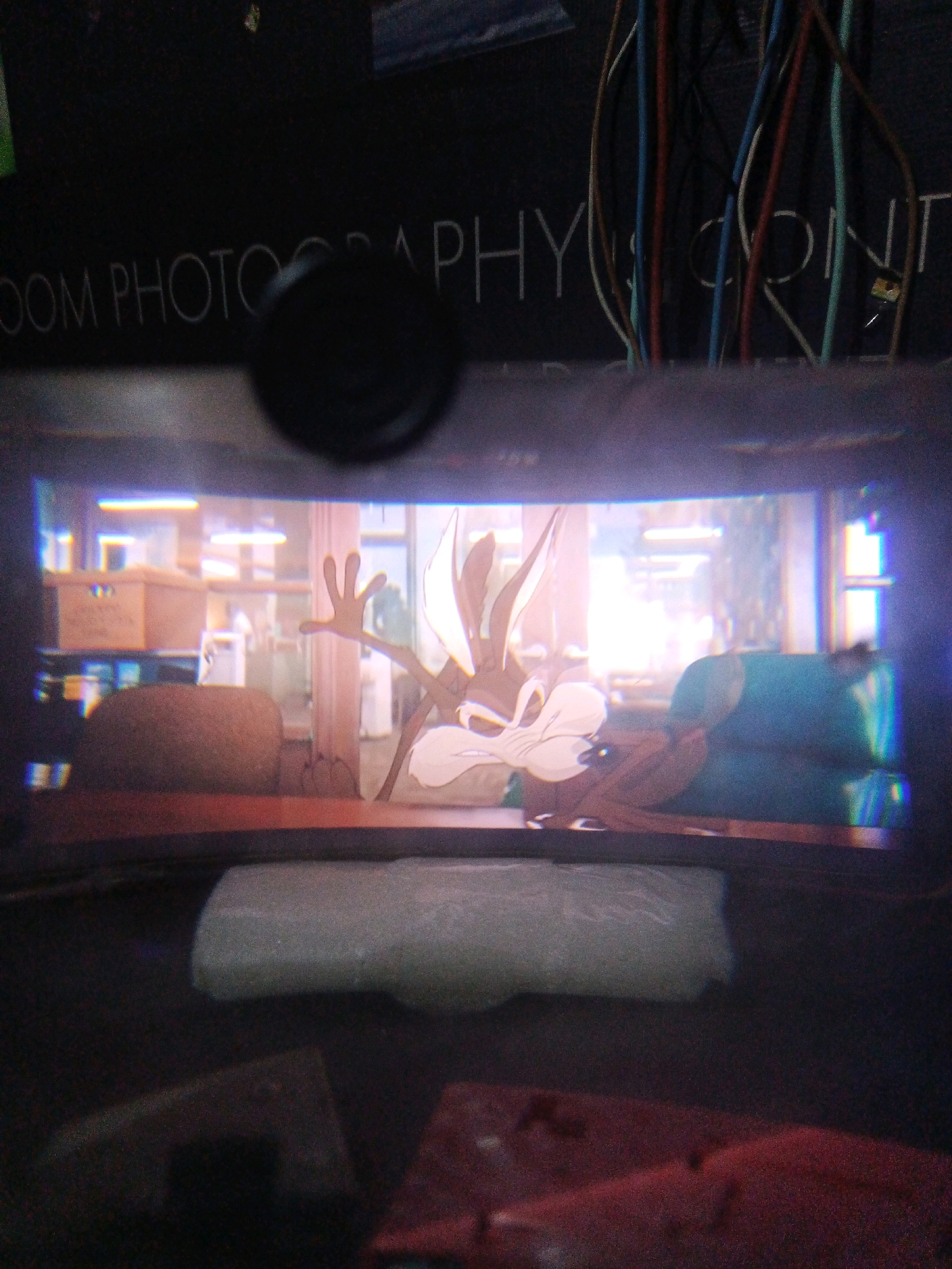The image shows a close-up view of a television screen displaying a scene from a cartoon. The cartoon features a character that appears to be Wile E. Coyote, with his distinctive long snout, ears, and fur. He is depicted in a characteristic pose, with his arms outstretched, as if in pursuit or preparing for action. The background of the cartoon scene appears to be an interior setting, possibly a room or a workshop, with furniture and shelving visible. The television screen is framed by a dark border, and a black circular object, possibly a lens cap or a camera component, is partially visible in the upper portion of the frame. The lighting in the image suggests it was taken indoors, with some ambient light reflecting off the screen. The overall quality of the image is somewhat grainy and out of focus, indicating it was likely taken with a handheld camera from a distance. There is no visible indication of the city of Malang, Indonesia, or any specific location within it. The image focuses on the content displayed on the television screen and the immediate surroundings of the viewing device.
