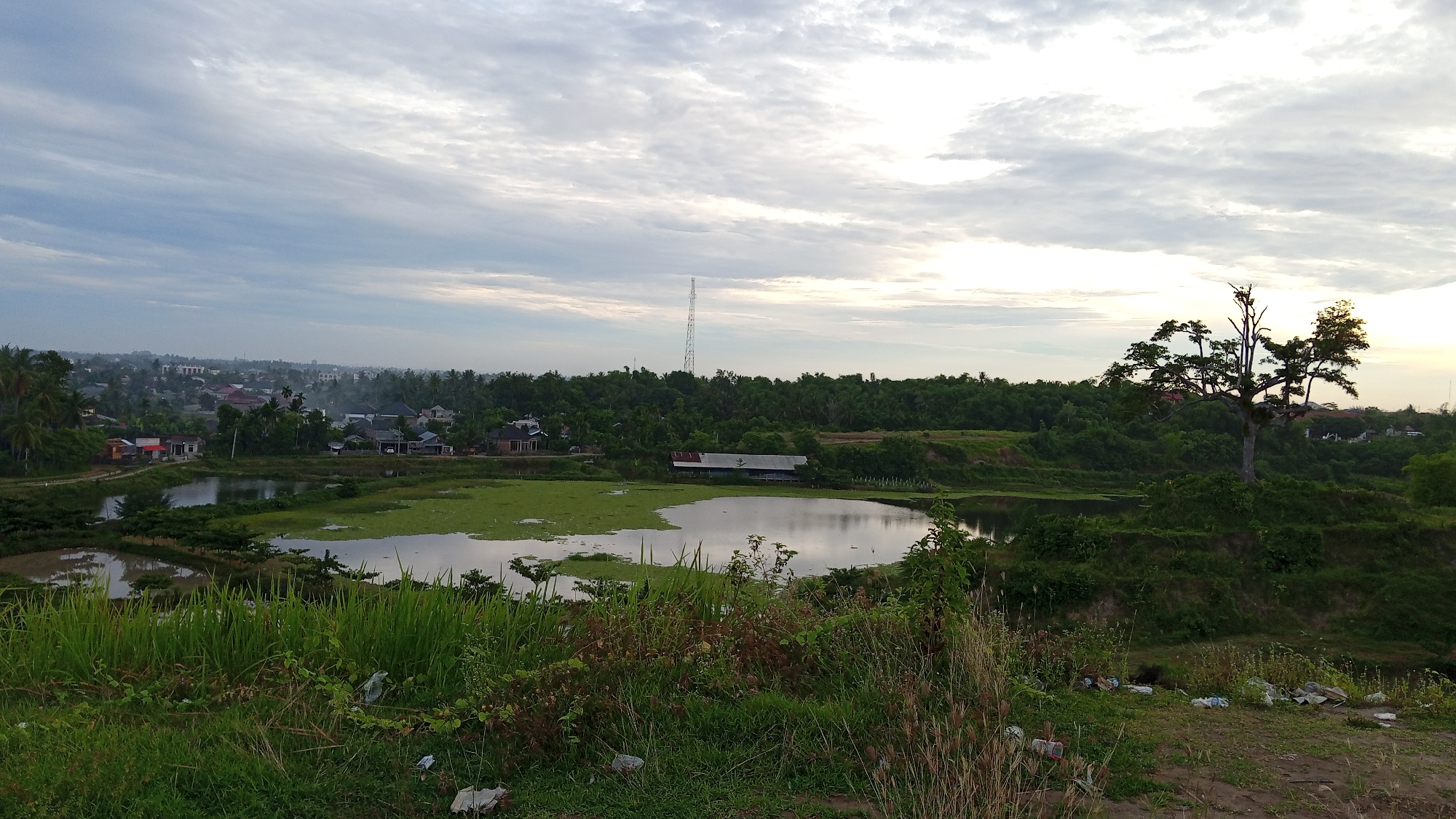 The image depicts a landscape in or near Uruekanoe, Indonesia, featuring a body of water with some algal growth, likely a pond or small lake. In the background is a scattering of houses and buildings indicative of a settled area, partially obscured by trees. A communication tower is visible further back. The foreground shows overgrown vegetation. The sky is overcast. There are no people visible in the frame. Trash is present on the ground in the foreground, near the right side. A large tree stands to the right of the body of water.