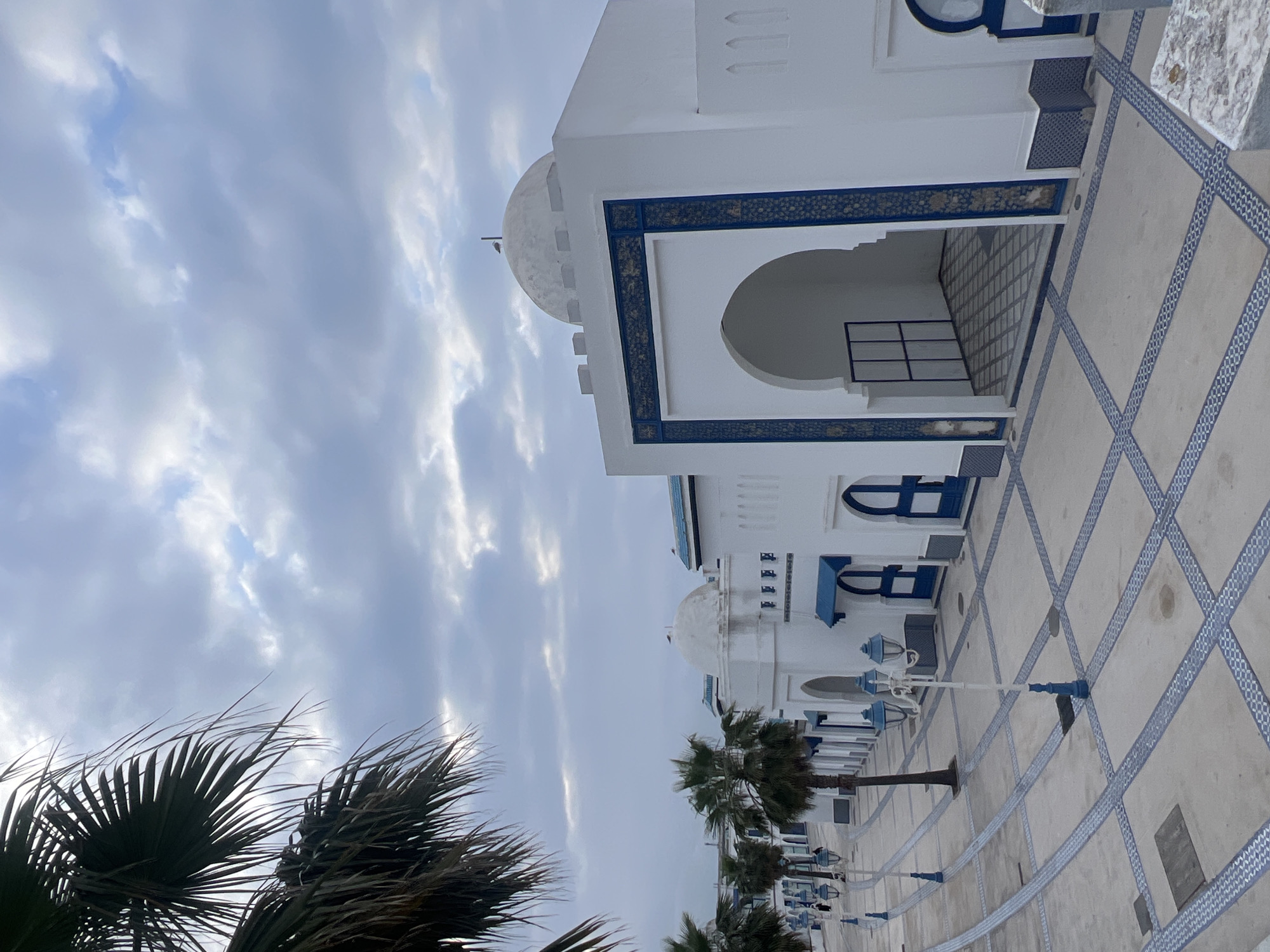 The image captures a serene street scene in M'Diq, Morocco, characterized by its distinctive white and blue architecture under a cloudy sky. The composition is dominated by a row of immaculate white buildings featuring traditional Moorish-inspired design elements. Each building showcases prominent blue accents, including intricate geometric tile work framing arched entrances and windows, and decorative blue grilles on some openings.
One building in the mid-ground features a large, smooth dome, with a small, dark object (possibly a bird) perched on its apex. The building closest to the viewer on the right has a deep arched recess, revealing a tiled interior wall and a dark metal railing. The ground is paved with light-colored square tiles, interspersed with striking blue geometric patterns that form a large grid, extending into the distance.
Along the paved path, several decorative streetlights with blue bases and white, ornate tops are visible. Palm trees are scattered throughout the scene; dark fronds of one or two palms fill the left foreground, while smaller palm trees line the street further back. The sky is largely overcast with soft, diffused light, indicating a cloudy day. No people or activities are present, contributing to a calm and peaceful atmosphere. The vibrant blue and white color scheme and the architectural style strongly evoke a Mediterranean or North African coastal setting.