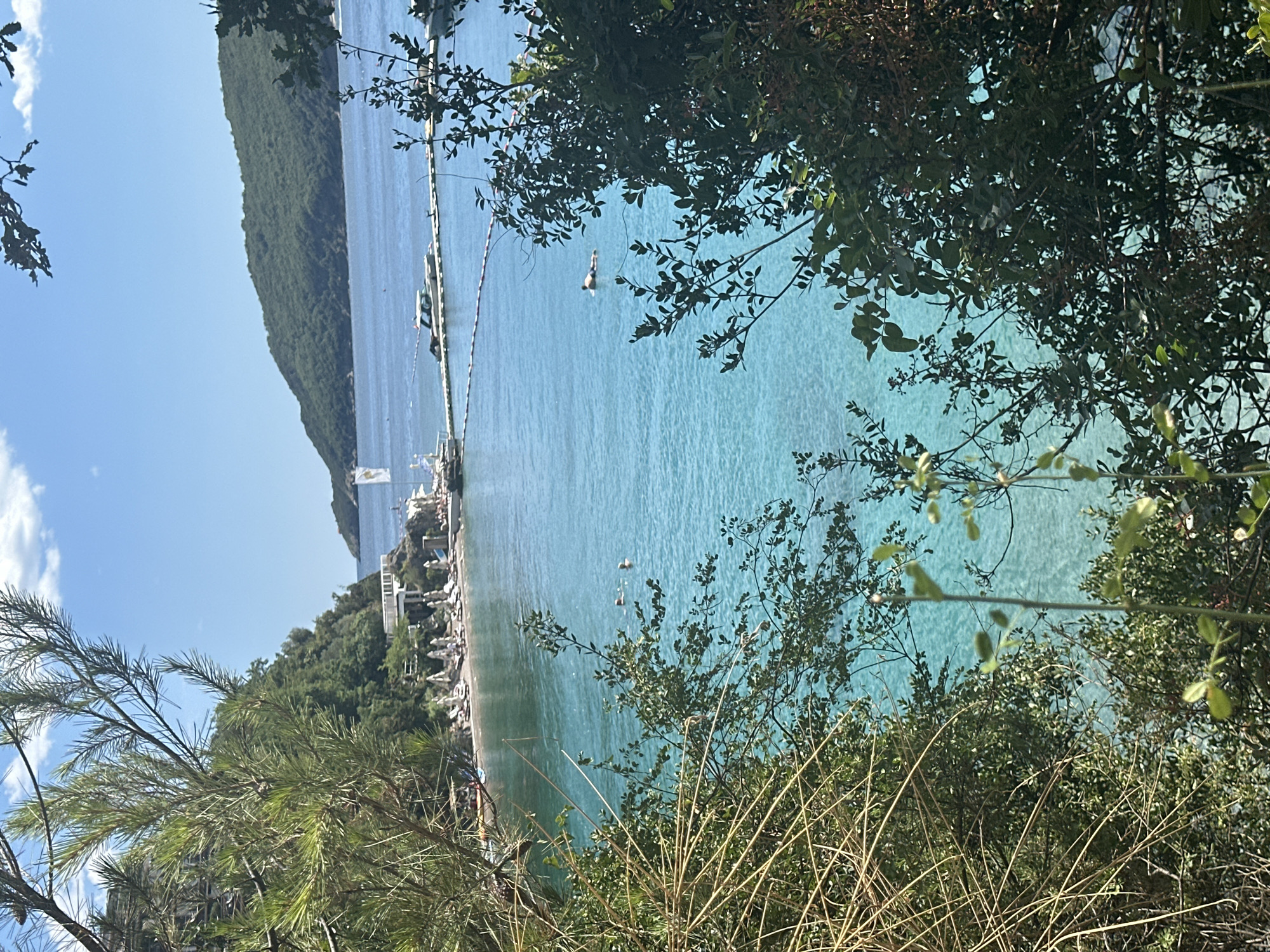 The image captures a serene view of a cove in Budva, Montenegro, on a clear, sunny day. The foreground is dominated by lush green foliage, with branches and leaves partially obscuring the view. In the middle ground, a crescent-shaped beach is visible, lined with numerous white lounge chairs and umbrellas, suggesting a popular tourist spot. The turquoise water of the Adriatic Sea is exceptionally clear, revealing the sandy seabed. Several people are enjoying the water: two individuals are swimming close to the shore, and one person is floating on their back further out in the bay.
Beyond the beach, a white pier extends into the water, with a small white boat docked at its end. Another larger boat is visible in the distance, anchored near a floating barrier that outlines a swimming area. The background features a lush, green, tree-covered hill that slopes down towards the sea, creating a picturesque natural backdrop. The sky is a vibrant blue with a few scattered white clouds. The overall scene evokes a sense of tranquility and summer vacation.