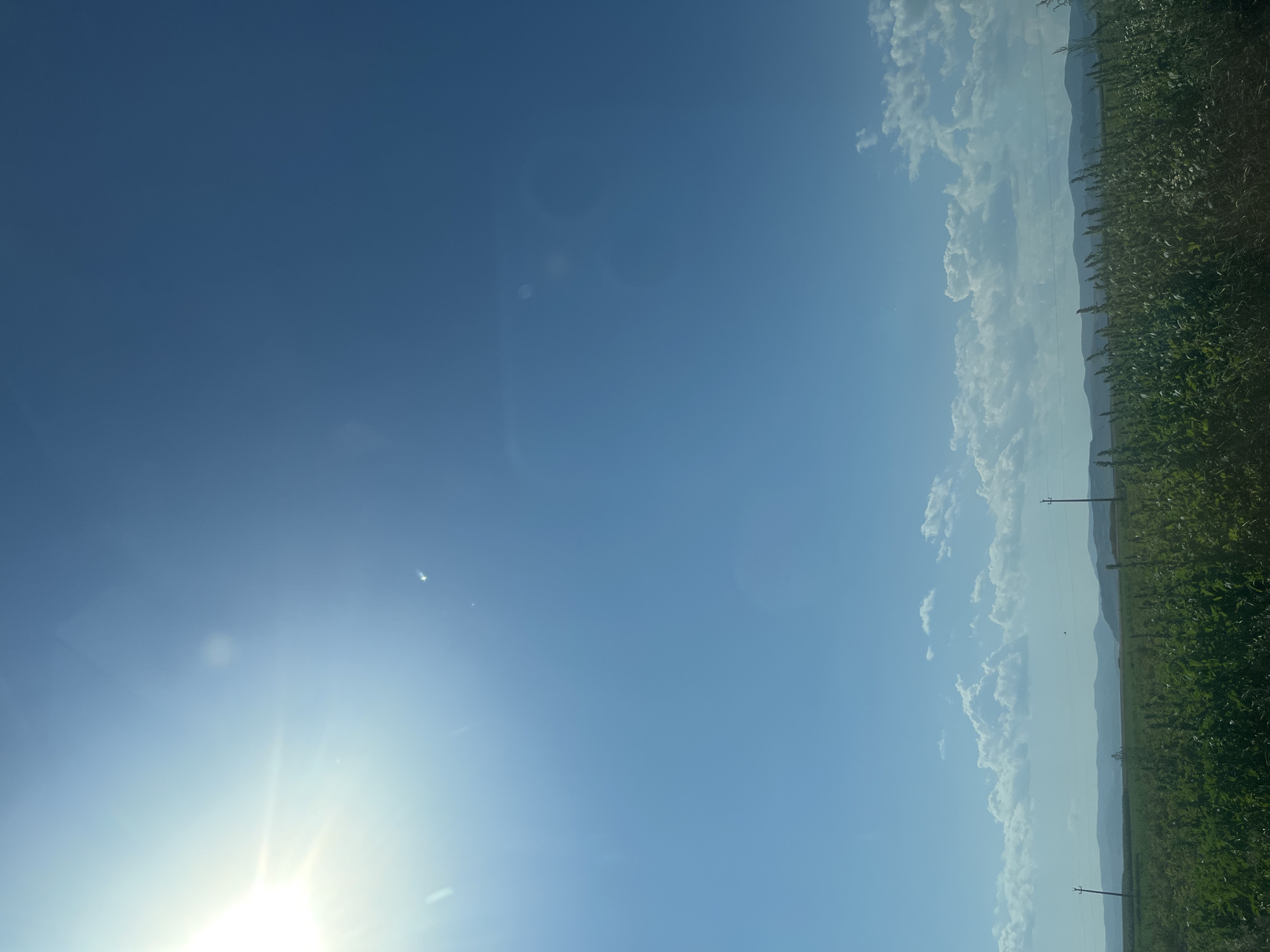 The image captures a wide-angle view of a rural landscape under a bright, clear blue sky. In the upper left quadrant, the sun is visible, emitting strong rays and creating a lens flare effect. The sky transitions to a lighter blue towards the horizon, dotted with scattered white clouds.
The lower half of the image is dominated by a vast, green field, likely agricultural, with tall grasses and crops. Two utility poles are visible in the field, spaced apart. In the background, a range of low, rolling hills or mountains stretches across the horizon, their shapes softened by distance and haze. The overall scene suggests a sunny day in a rural setting, possibly in the city of Lemnia, Romania, given the context. There are no people or animals discernible in the image.