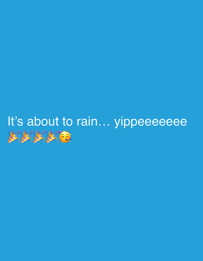 The image features white text on a solid blue background. The text reads: "It's about to rain... yippeeeeeee". Below the text, there are five party popper emojis (🎉) arranged in a row, followed by a face blowing a kiss emoji (😘) that is also wearing a party hat. The overall tone is one of excited anticipation, celebrating the impending rain. No specific time of day or other objects are visible. The context suggests this sentiment is observed from Rafin Par, Nigeria.