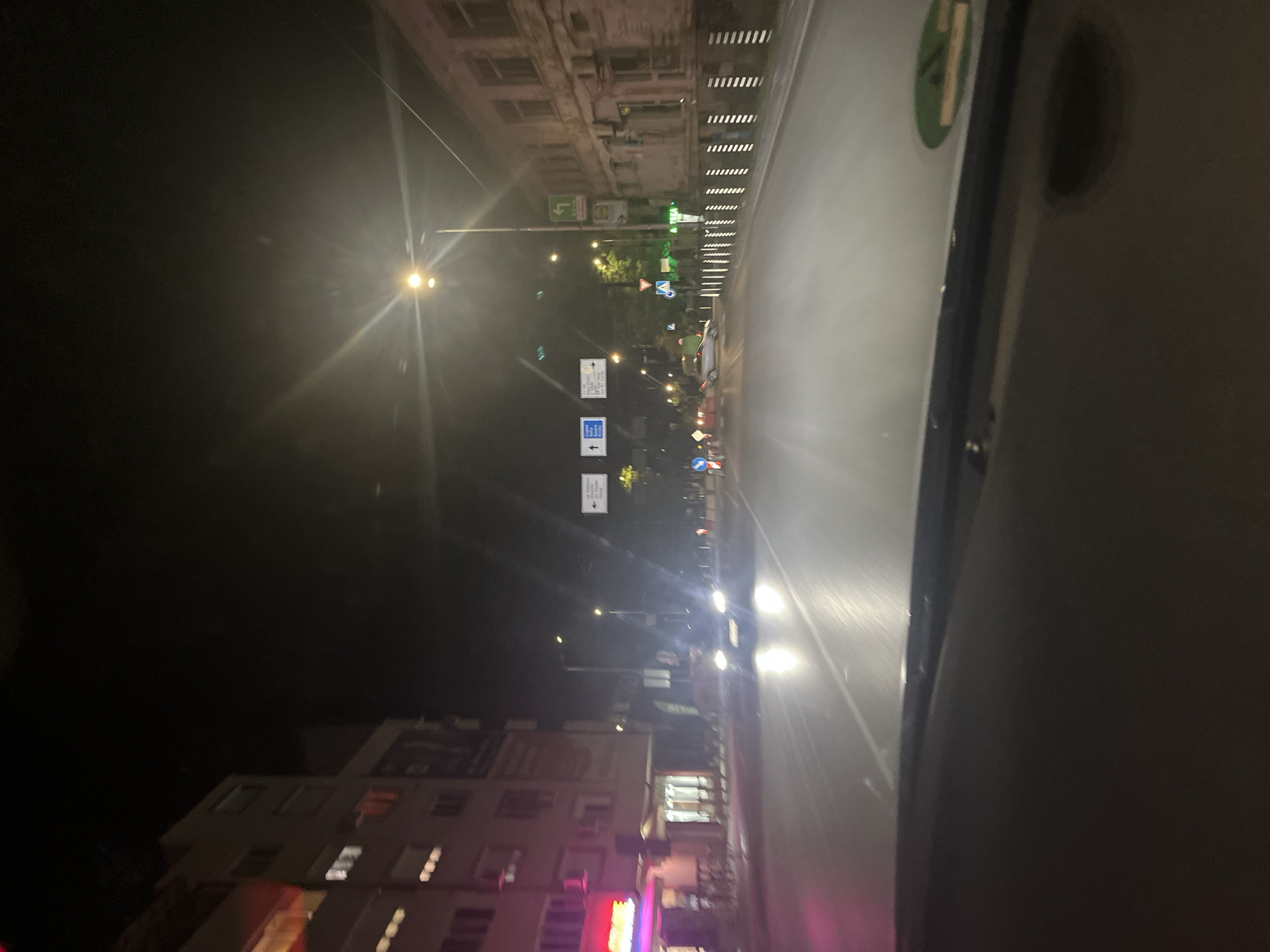 The image is a nighttime photograph taken from inside a vehicle, looking out through the windshield at an urban street. The image is oriented vertically but depicts a horizontal street scene.
On the right side, elements of the car's interior, including the dashboard and windshield frame, are visible. A green sticker, likely a Bulgarian road vignette with "BG" visible, is affixed to the upper right of the windshield.
The exterior scene is a dark streetscape illuminated by various artificial light sources. The asphalt road shows streaks of light, possibly from oncoming vehicle headlights which appear as bright blurs in the distance, or reflections from the car's movement. Several streetlights line the left side of the road, emitting strong, starburst-like flares.
Multiple road signs are prominent on poles along the left side of the street. From bottom to top (when viewed in the correct horizontal orientation):
* A white rectangular sign with a left arrow and the Cyrillic text "ж.к. Орфей" (Orpheus residential complex).
* A blue square sign with white arrows indicating "straight ahead or turn right."
* A white rectangular sign with a left arrow and the Cyrillic text "Младост" (Mladost).
* A green directional sign with a left arrow and the Cyrillic text "ул. Бр. Миладинови" (Br. Miladinovi Street).
* A small blue triangular sign with a red border, indicating "yield" or "give way."
Behind the street signs and lights, dark trees and multi-story buildings line the street. The upper floors of the buildings are dark with visible windows, showing typical urban architecture. The ground floors feature illuminated windows and a bright, possibly neon, sign with a pink-purple glow on one building, indicating commercial activity. The sky above is completely dark. The Cyrillic text on the road signs indicates the location is Blagoevgrad, Bulgaria.