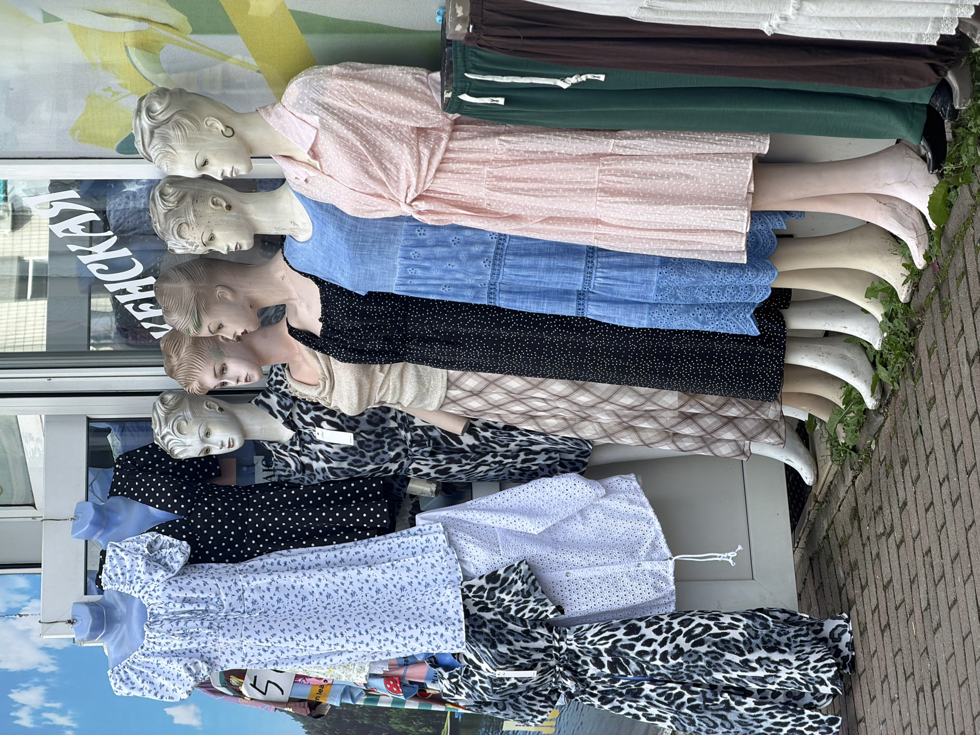 This image captures a street-level view of a clothing store's display in Birobidzhan, Russia. A row of mannequins is positioned outside the shop, showcasing various women's dresses and skirts. The mannequins are dressed in an assortment of styles and patterns, including a white floral print dress, a black polka dot dress, a leopard print dress, a beige patterned dress, a blue tiered dress, and a pink textured dress. Alongside the dresses, there are also several skirts on display, with prominent green and brown options.
The store window behind the mannequins features signage with Cyrillic script, one word appearing to be "женская" (zhenskaya), meaning "women's." The background also includes parts of the store's interior and what appears to be an outdoor backdrop of a cloudy sky and a body of water on the left side of the display. The mannequins themselves are plastic, with stylized hair and minimal facial features. They are positioned on a paved sidewalk area, with some greenery growing between the paving stones and along the base of the display. The overall scene suggests a retail environment aiming to attract customers with its outdoor fashion exhibition.