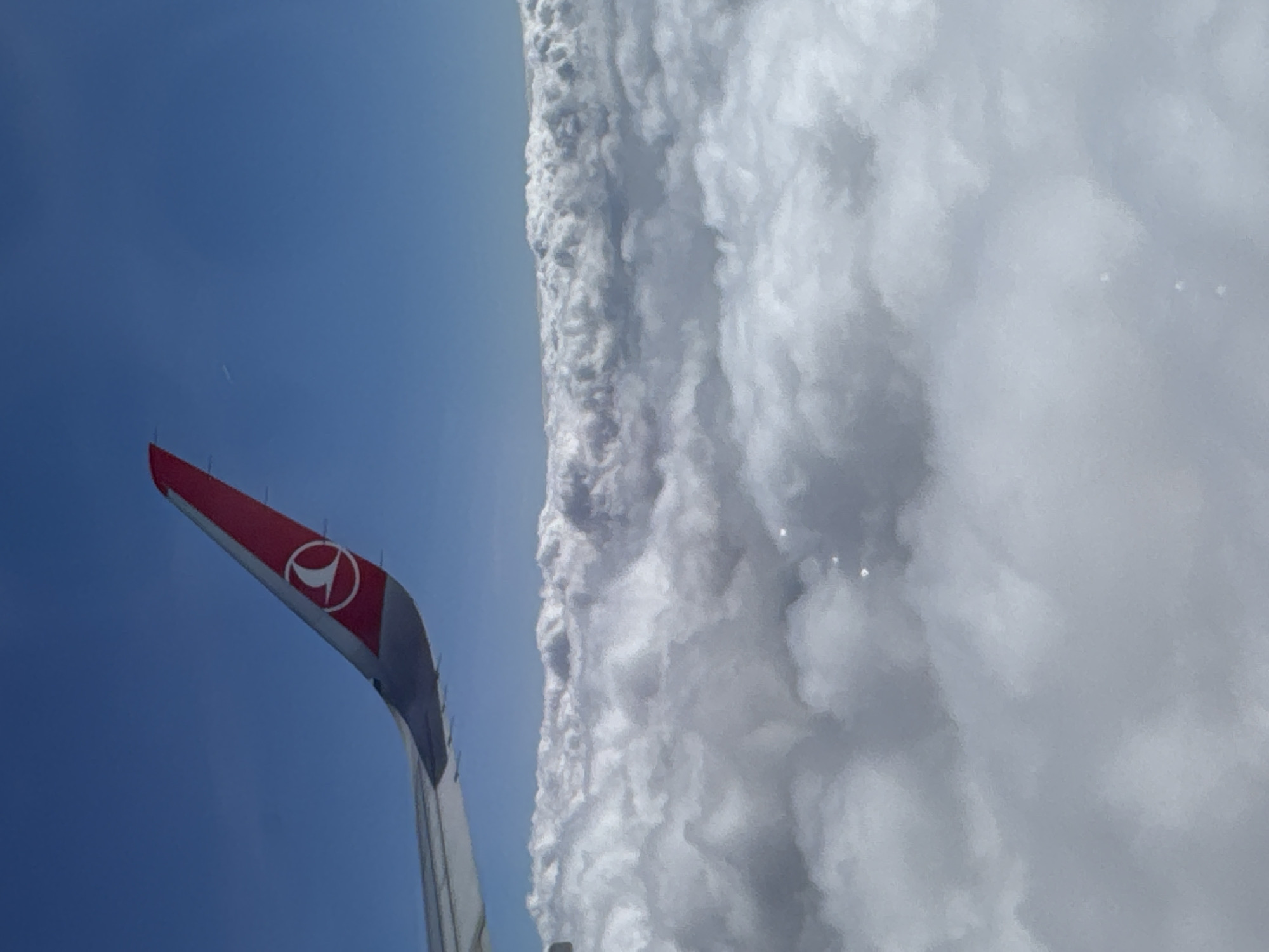 A view from an airplane window shows a red and white Turkish Airlines vertical stabilizer winglet against a blue sky. The winglet is positioned on the left side of the frame. To the right is a dense bank of clouds, possibly a cumulonimbus formation. The photo appears to have been taken at high altitude. There is no verifiable information in this image to indicate the city of Obrenovac Urban Municipality, Serbia.