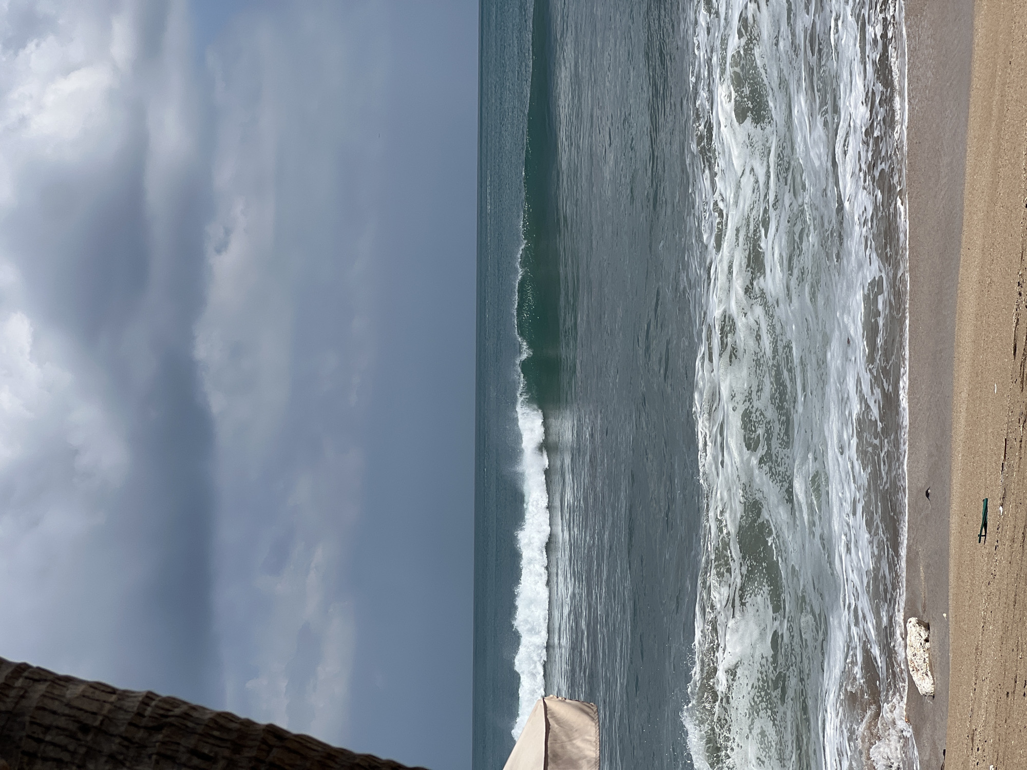 A seascape with a sandy beach in the foreground shows waves breaking on the shore under a cloudy sky. A portion of a palm tree trunk is visible on the left side of the frame, and a light-colored umbrella is partially visible near the left edge. The ocean is a deep teal color with white foam from the breaking waves. The sky is overcast with dark gray clouds.