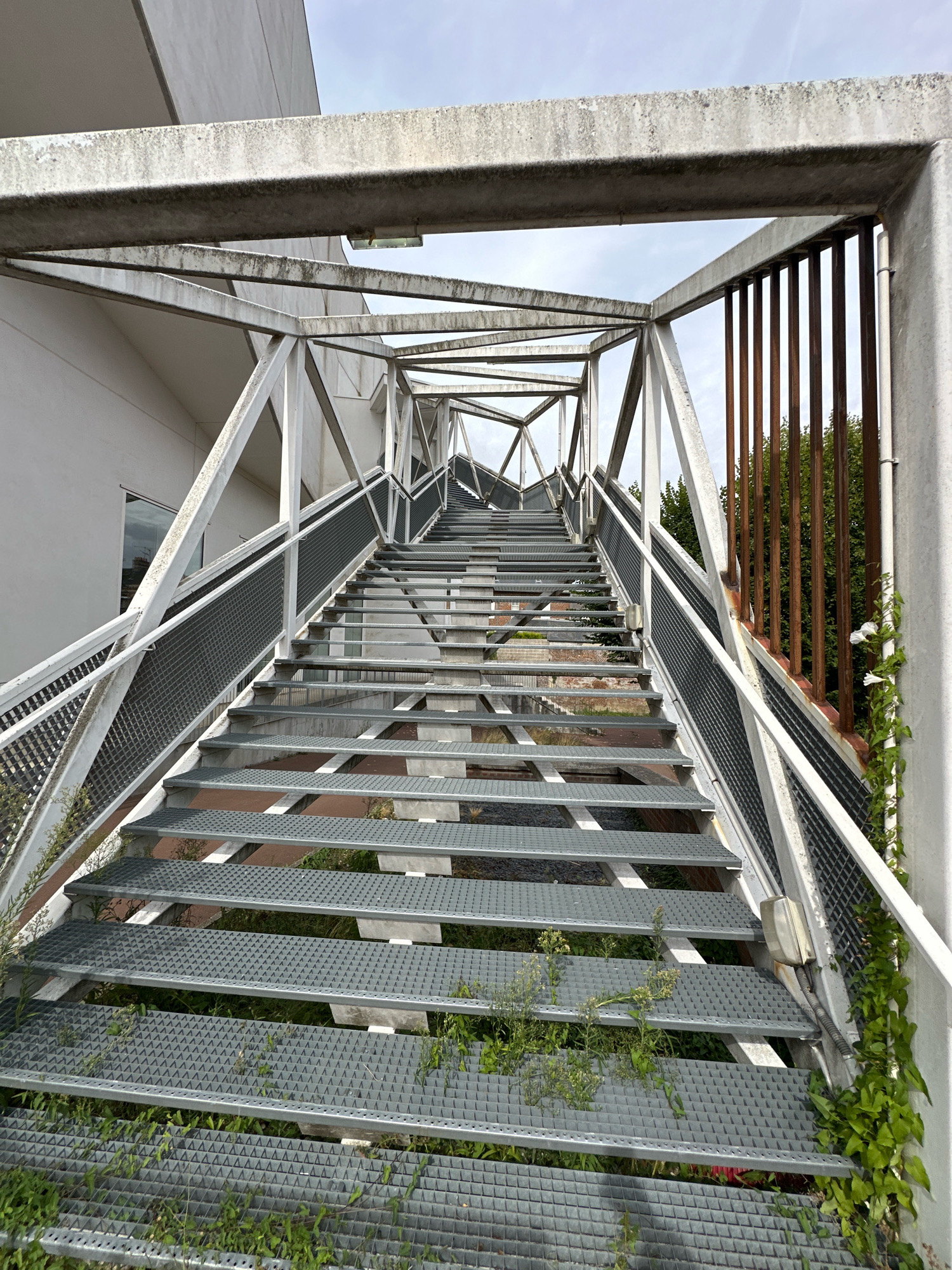 An outdoor, low-angle, full shot depicts a metal staircase ascending upwards, integrated within a modern architectural structure. The staircase, made of perforated metal treads, is flanked by metal railings with a meshed infill. Overgrown green vegetation sprouts from beneath and between the steps, indicating a degree of neglect. The surrounding structure consists of white concrete and metal beams, forming an angular, open framework that supports the staircase. Beyond the staircase and to the right, vertical wooden slats are visible, with green foliage and trees in the background. The sky above is overcast with clouds. The scene appears to be located in a public space, possibly an outdoor walkway or access route. The presence of weeds suggests an urban environment, and the architecture points towards a modern building. The provided information indicates the location is in the city of Roye, France. There are no people visible in the image.