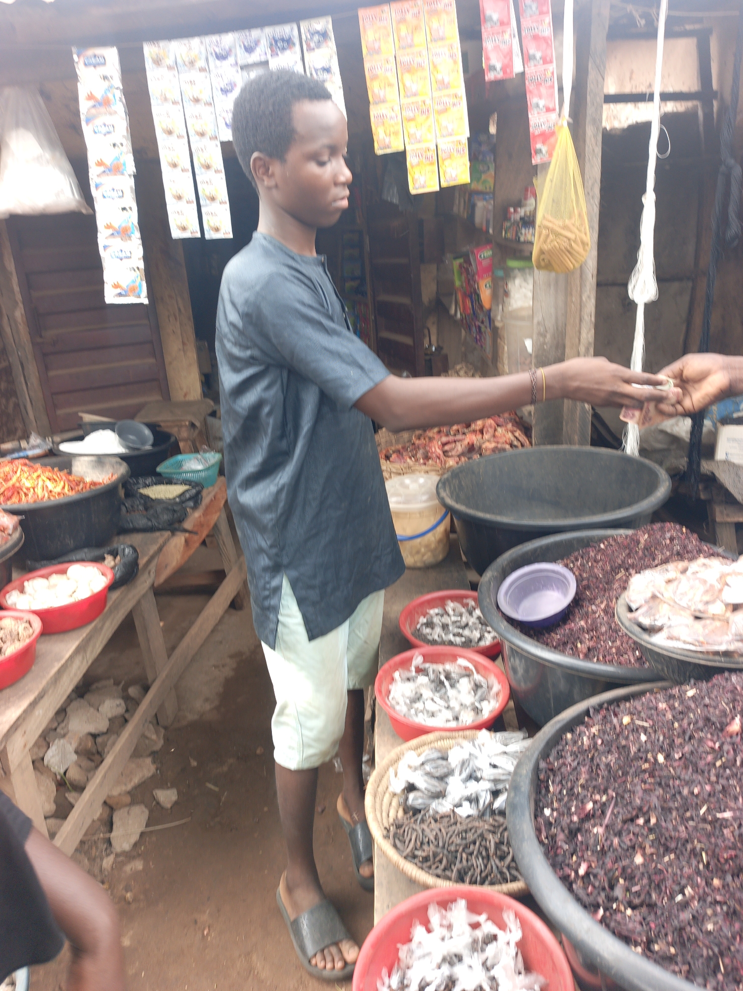 An outdoor shot shows a market scene in Akwanga, Nigeria. A young man stands amidst various wares displayed in buckets and bowls on wooden tables. He's wearing a short-sleeved, grey, button-down shirt and light-colored shorts with dark sandals. He's handing money to someone whose hand is visible. The market stand displays items, with several small red bowls near the foreground containing what appear to be spices or food items, along with a woven basket of dark objects. A large black bucket is filled with a dark, leafy substance. Behind the man, more items are displayed on a wooden stand. Packets of goods hang from the roof of the market stall.