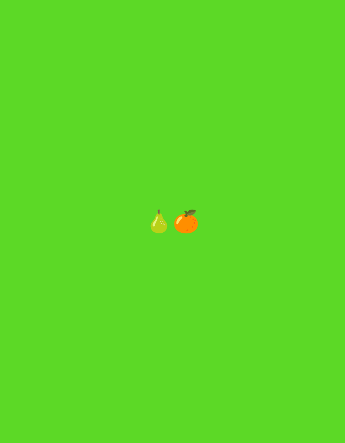 A cartoon illustration of a pear and an orange sits in the center of a solid bright green background. The pear is on the left and is light green with a brown stem. The orange is on the right and is bright orange with a small brown stem with a leaf. The image is centered on the screen and fills approximately the middle 20% of the height and width. The image is viewed from a slightly overhead perspective. There are no people in the image. There is no indication of the city of Kuta Selatan, Indonesia.