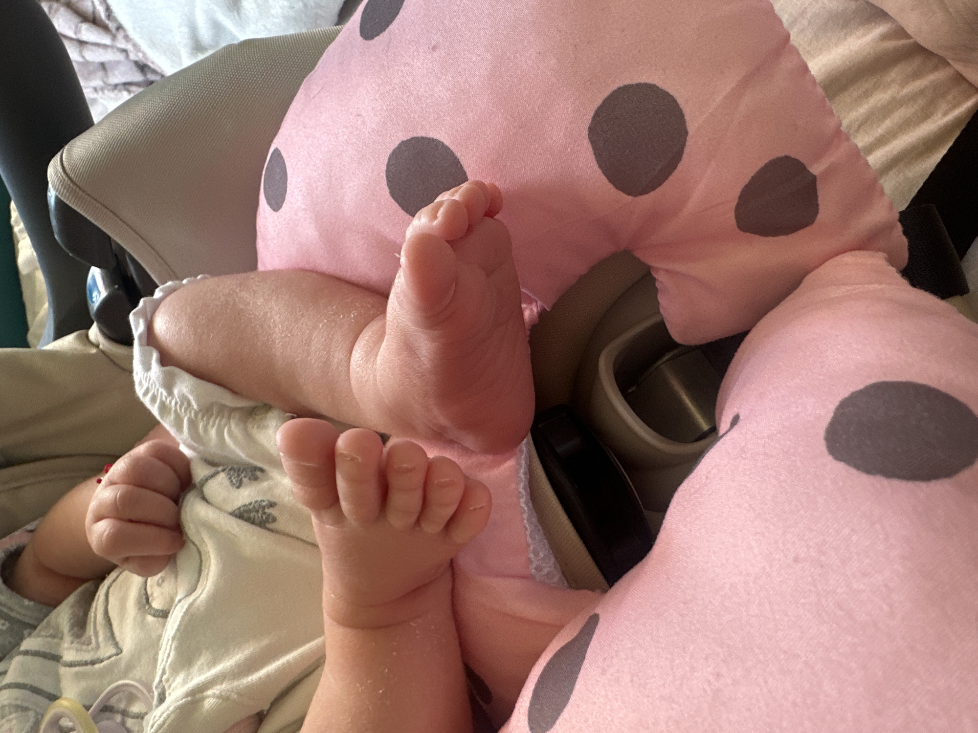 The image shows a close-up view of a baby's feet resting on a pink, polka-dotted cushion. The baby is wearing a white garment. The scene appears to be indoors, possibly in a home or a car seat, given the presence of a car seat harness in the background. The lighting suggests it is daytime. The specific location in the city of Plovdiv, Bulgaria, cannot be determined from the image alone.
