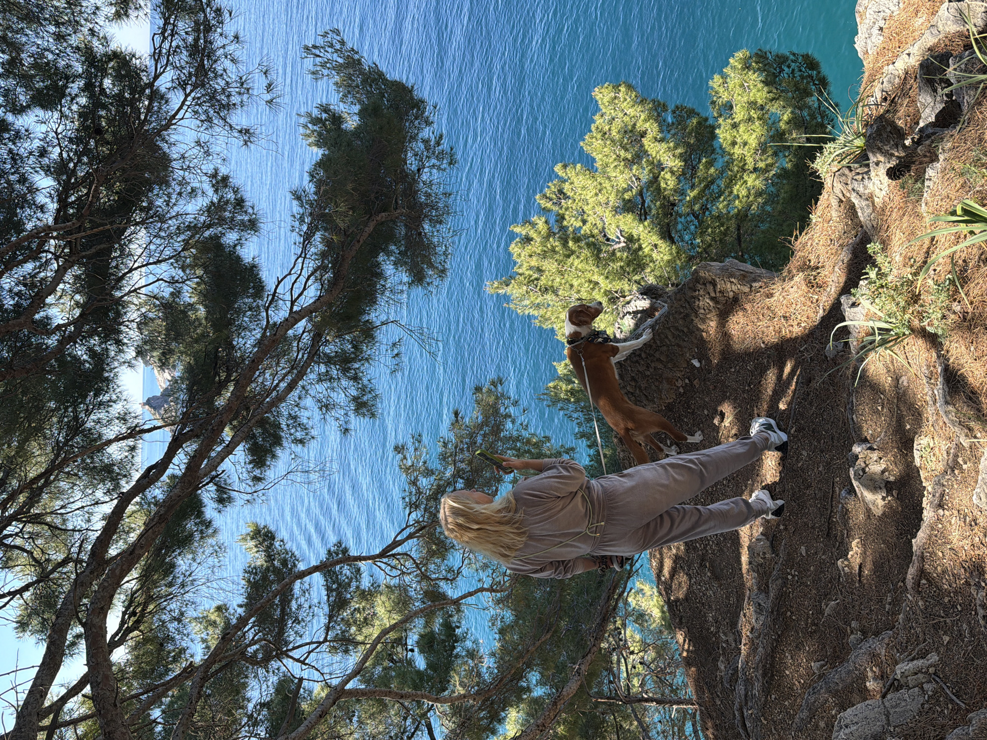 A medium-shot, vertical photograph depicts a woman and two dogs on a cliff overlooking the sea in Petrovac Centar, Montenegro. The woman, with long blonde hair, is wearing a light brown jumpsuit and white sneakers. She is holding a cell phone. There are two dogs: one is standing on its hind legs; both appear to be on a leash. The background is dominated by the blue sea and trees. The cliff is covered with dry pine needles and rocks.