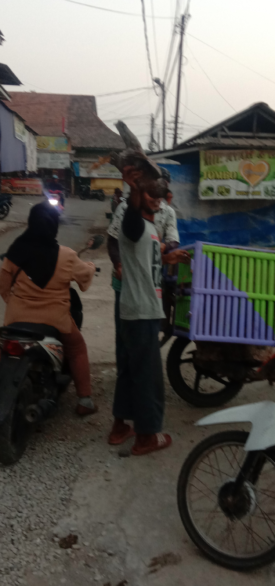 The image shows a street scene in Subang, Indonesia, with several people and vehicles. In the foreground, a man is holding a large bird, possibly a chicken, by its legs over his head. He is wearing a light-colored t-shirt with black sleeves and dark pants. To his left, a woman wearing a black hijab and an orange-brown tunic is seated on a motorcycle. Behind the man, another person is partially visible, wearing a patterned shirt. A motorcycle with a purple and green cage attached is to the right of the man. In the background, there are buildings with pitched roofs, electric poles, and wires, typical of a town or city environment. The lighting suggests it is either early morning or late afternoon. The ground is covered with gravel and asphalt.