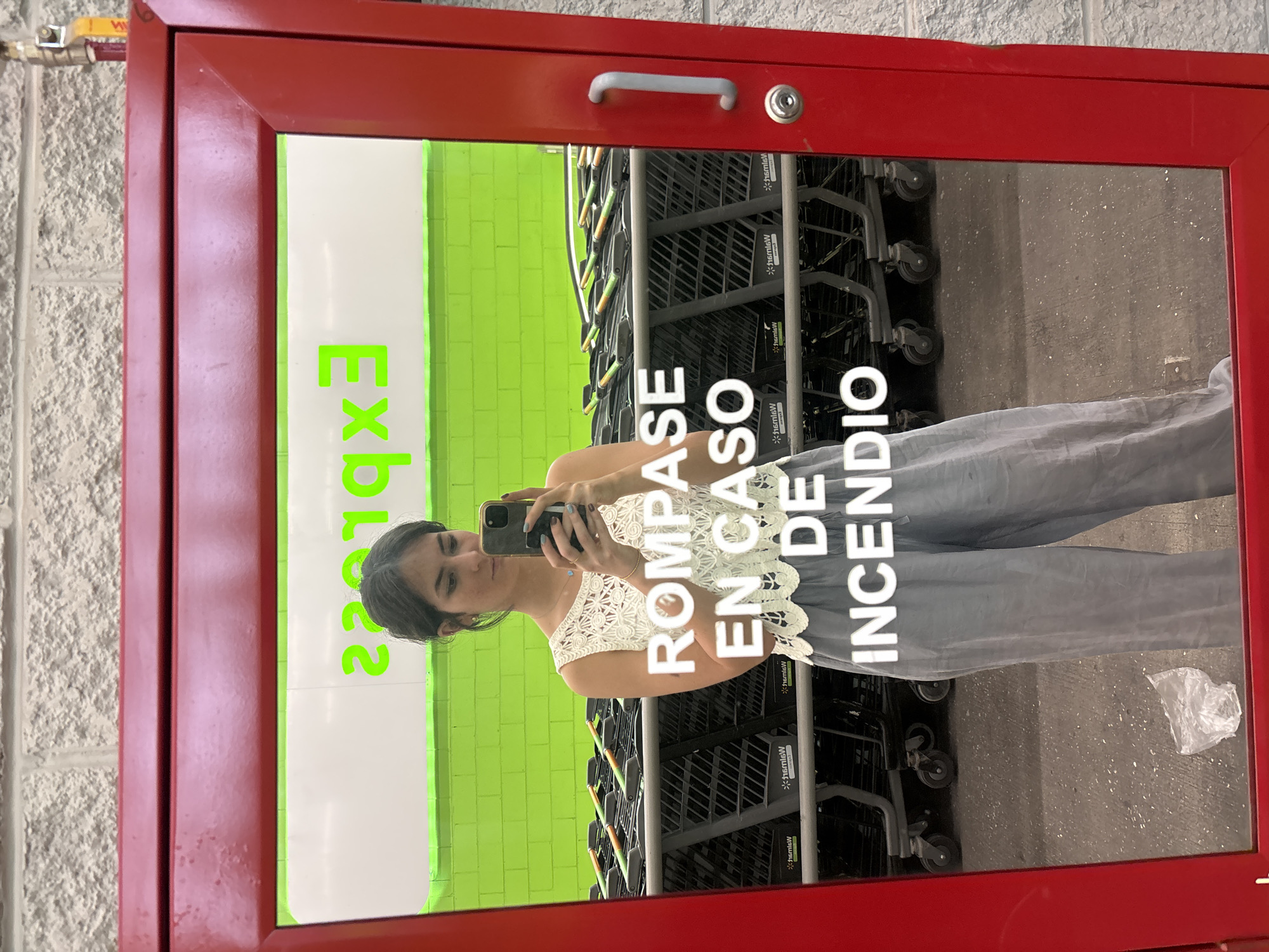 The photograph shows a red framed fire extinguisher box with a glass panel. The words "Explosivos" and "Rompasé en caso de incendio" are visible on the glass. The reflection in the glass panel is of a woman holding a cell phone taking a picture of herself. Behind her, there is a green wall and stacks of shopping carts. The location is implied to be in the city of Puebla, Mexico, based on the text being in Spanish. The surrounding environment appears to be outside a store.