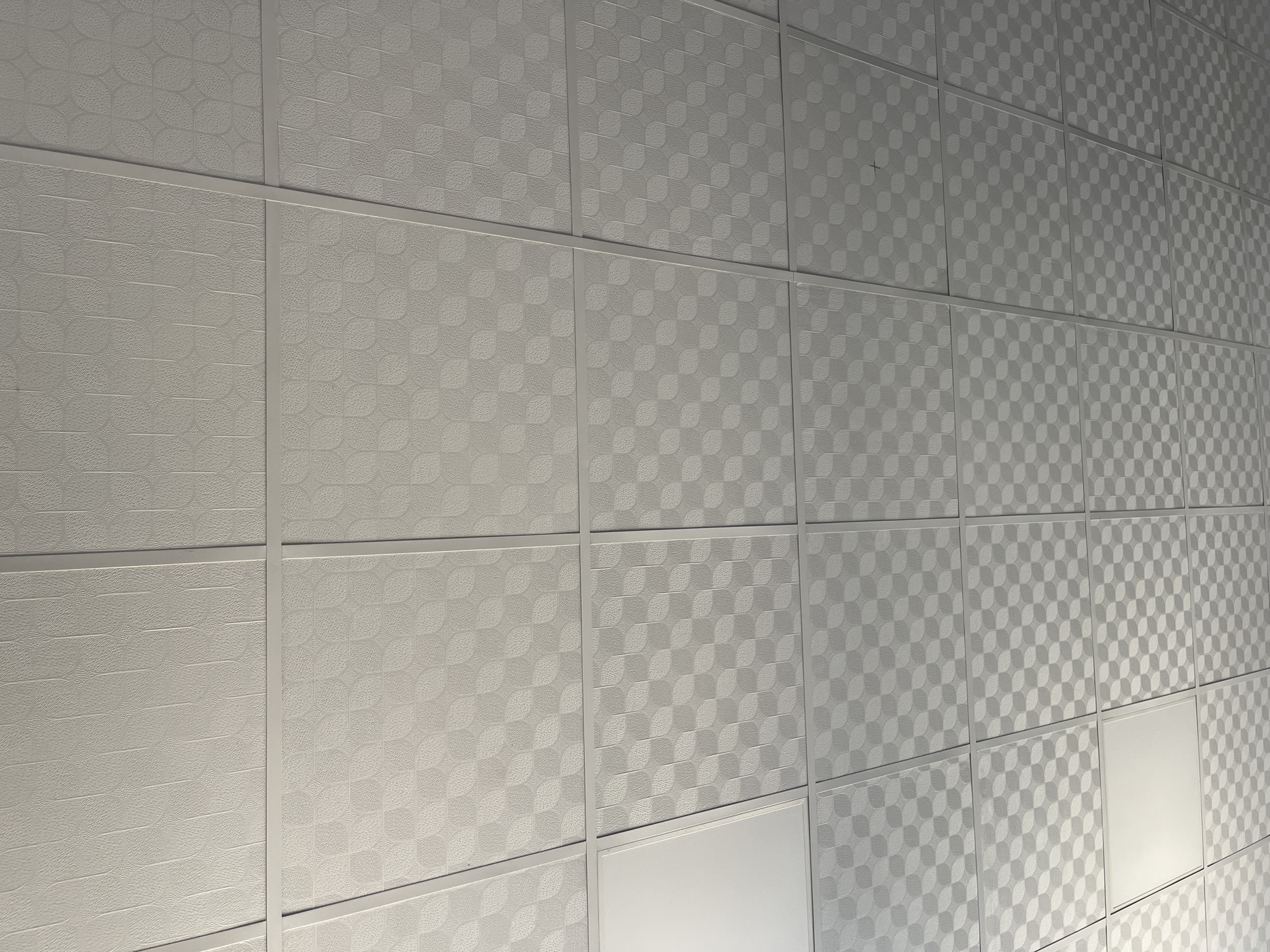 The image shows a close-up, low-angle view of a suspended ceiling made of white acoustic tiles with a repeating geometric pattern. The tiles are divided into a grid by thin, light-colored metal channels. Some of the tiles are plain white and appear to be light fixtures, while others have a textured, patterned surface resembling overlapping circles or leaves. The overall impression is that of an indoor environment, possibly an office or commercial space. There are no people, animals, or any distinguishing landmarks visible in the image. Therefore, it is impossible to determine the location in Batken City, Kyrgyzstan, or any other specific city. The image focuses solely on the architectural details of the ceiling.