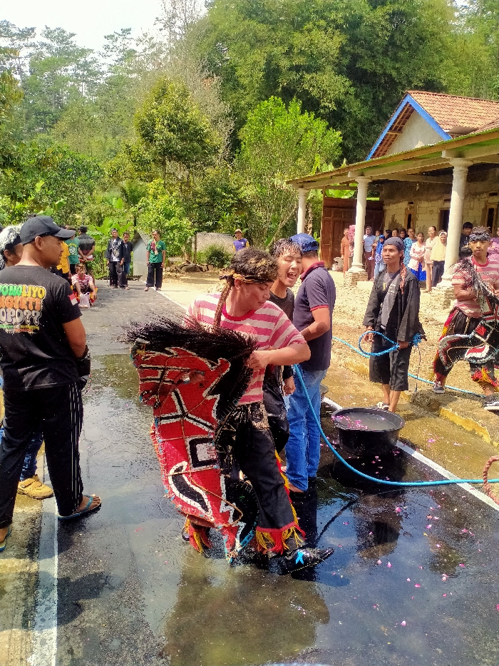 The image depicts an outdoor daytime scene in Ngargoyoso, Indonesia, centered on a cultural performance. In the foreground, a paved surface is significantly wet with standing water and scattered pink flower petals. A central figure, dressed in a red and white striped shirt, dark pants with red and yellow fringe at the ankles, and elaborate black boots, is actively engaged with water, holding or wearing a large, ornate red, black, and white Kuda Lumping (horse) prop. Water splashes are visible around this individual. To their right, a man in a blue baseball cap and dark t-shirt smiles widely, interacting with the performer. Nearby, a black plastic tub filled with water and pink flower petals sits on the wet ground, connected by a blue hose that extends into the foreground. A man in dark clothing stands to the right, holding a loop of the blue hose, observing the scene.
Further in the mid-ground, a crowd of approximately twenty spectators, dressed in various casual attire, stands under the covered porch of a light-colored traditional house with a prominent red-orange tiled roof and white pillars. On the far left, another man in a black baseball cap, a black t-shirt with white text, and black track pants stands with his back to the viewer, observing the activity. The background is dominated by lush, dense green tropical vegetation, including tall bamboo, indicating a rural or semi-rural setting under clear daylight conditions.