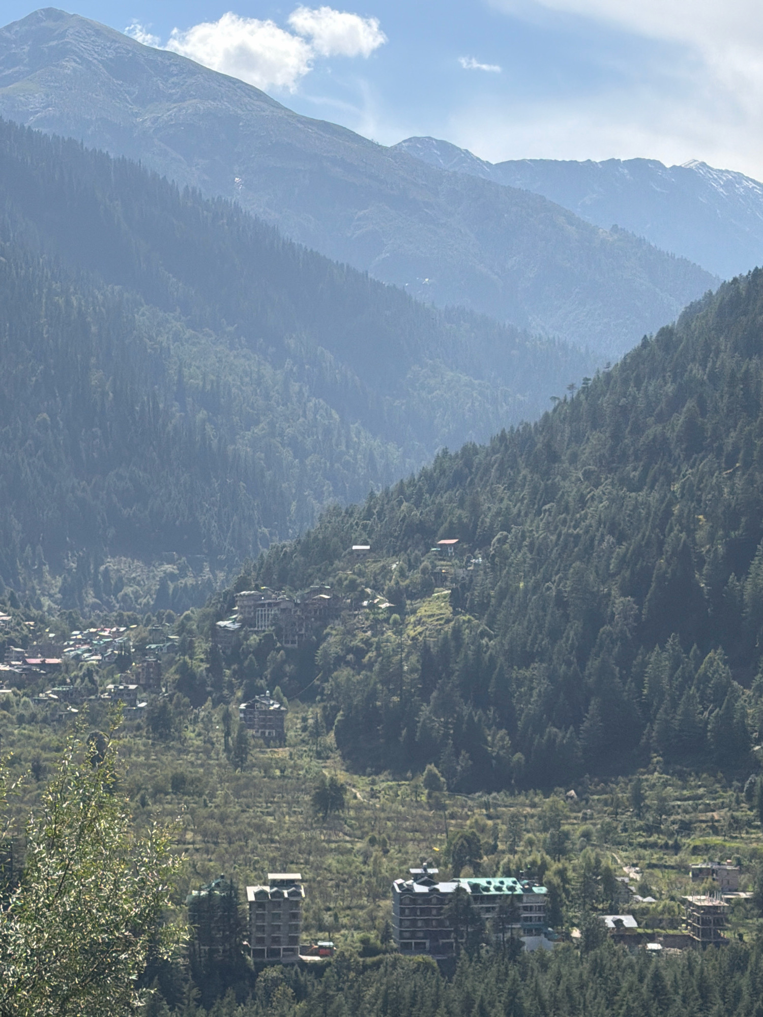 A scenic, high-angle view captures the mountainous landscape and village of Vashisht, India. In the foreground, a tree with bright green foliage is visible on the left. The mid-ground reveals a village nestled on the slopes of the mountain, characterized by multi-story buildings with varied architectural styles, including some under construction. Some buildings feature green roofs. Numerous trees, predominantly pine trees, cover the slopes, creating a dense forest. The background is dominated by towering, hazy mountains that fade into the distance, with snow-capped peaks visible on the furthest range. The sky above is a light blue with scattered white clouds. The overall scene depicts a sun-drenched day in a mountainous region.