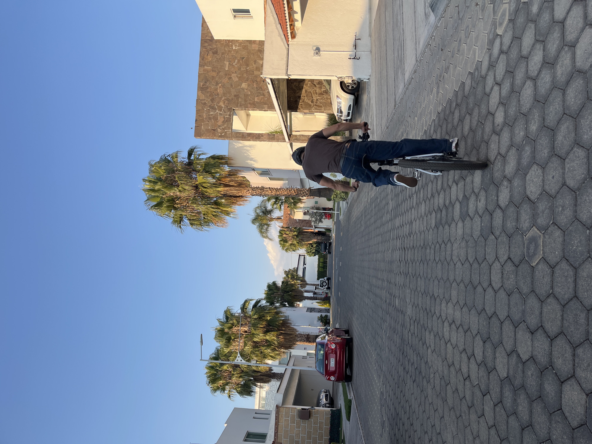 A man is riding a bicycle on a street paved with hexagonal blocks in San Andrés Cholula, Mexico. The rider wears a dark t-shirt, jeans, a helmet, and sneakers. The street is lined with palm trees and houses. Cars are parked on the street. The sky is clear and blue.