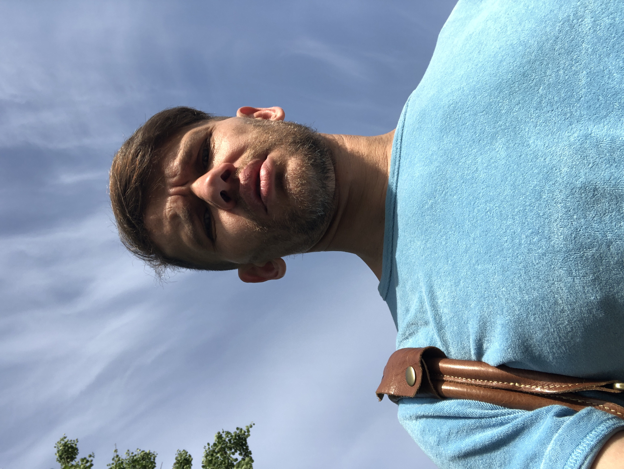 The image depicts a male subject in a low-angle, head-and-shoulders portrait, set outdoors under a clear blue sky with wispy white cirrus clouds, indicative of an environment in Saint Petersburg, Russia. The man, appearing to be in his 30s or 40s, has short brown hair and a short beard or stubble. His facial expression is serious or contemplative, characterized by furrowed eyebrows and a slightly parted mouth. He is wearing a light blue, textured short-sleeved t-shirt. A brown leather strap with a brass snap button is visible over his left shoulder, suggesting an accessory like a bag or camera strap. Strong sunlight illuminates the scene, creating noticeable shadows on the left side of his face and under his chin. Green foliage from a tree is partially visible in the upper-left corner of the frame. No specific architectural landmarks of Saint Petersburg are discernible.