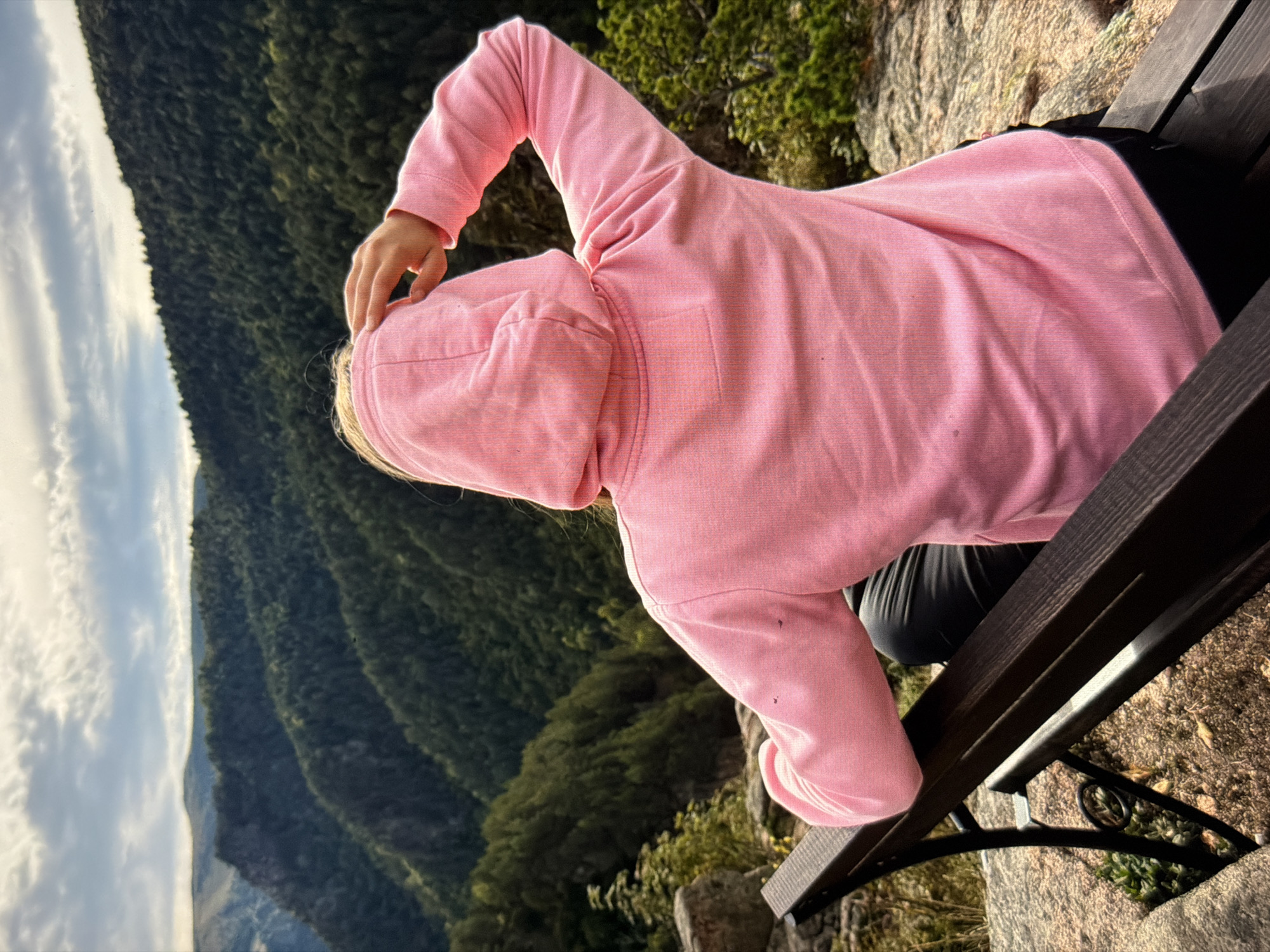 A young person wearing a pink hooded sweatshirt and black pants is seated on a dark wooden bench on a rocky overlook. They are facing away from the camera, looking out at a vast, forested valley. The person's right hand is raised, touching the back of their head. The sky above is cloudy. The location is not in Krasnodar, Russia.