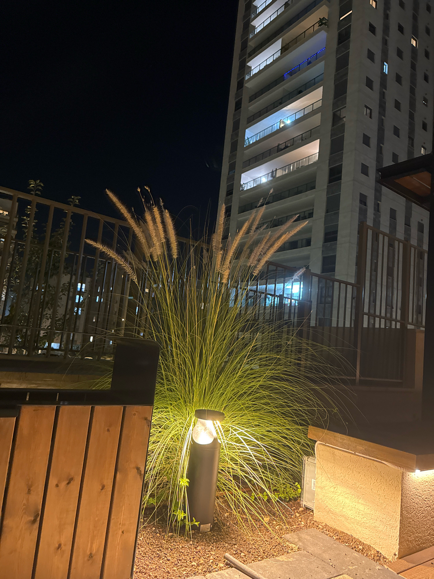 An exterior night shot shows a tall, modern residential building in Netanya, Israel, with multiple balconies illuminated by interior lights and some with blue string lights. In the foreground, a dense clump of ornamental grass, possibly fountain grass, is lit by a single cylindrical ground light, casting a warm glow. A dark metal fence runs horizontally across the middle ground, separating the grass and building from the viewer. To the left, a section of a wooden bench or seating area is visible. The ground is covered with small gravel. The scene depicts an urban residential environment at night.
