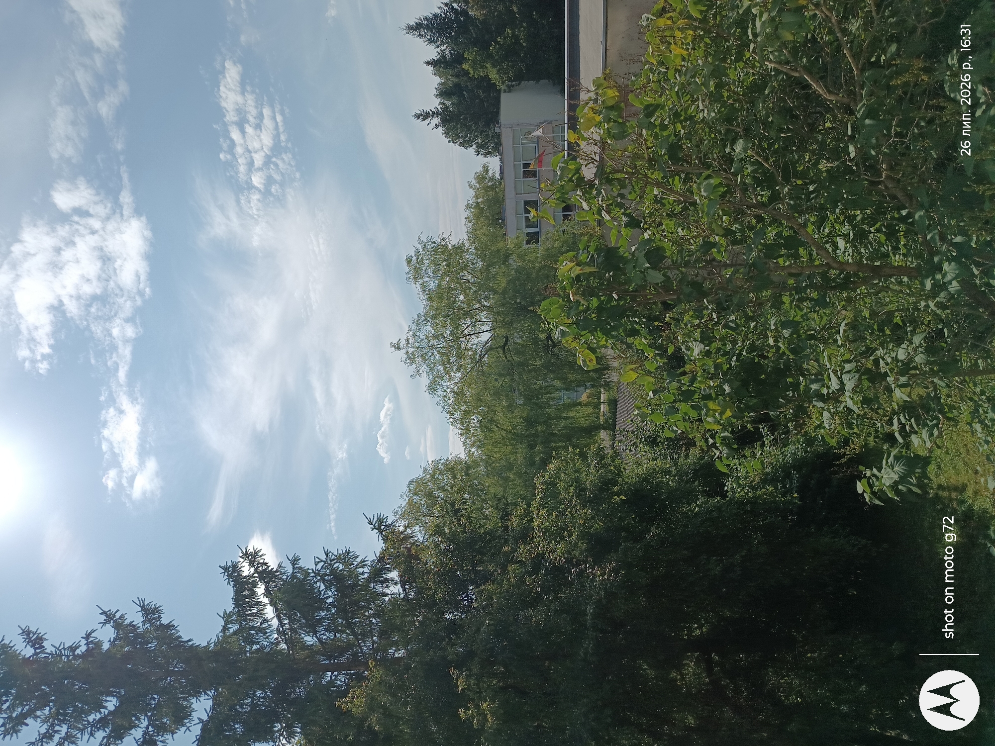 The image depicts an outdoor scene with lush green trees in the foreground and a building in the background under a bright, partly cloudy sky. A tall evergreen tree is on the left, with deciduous trees and foliage filling the midground and right side. A light-colored building with visible windows and a flag is situated behind the trees. The timestamp "26 лип. 2026 р., 16:31" is present in the bottom right corner, indicating the date and time. The watermark "shot on moto g72" is in the bottom left. The scene appears to be a residential or institutional area, possibly a school or park, given the presence of a building and extensive greenery. The lighting suggests a sunny day. The location is identified as Vilnius, Lithuania.