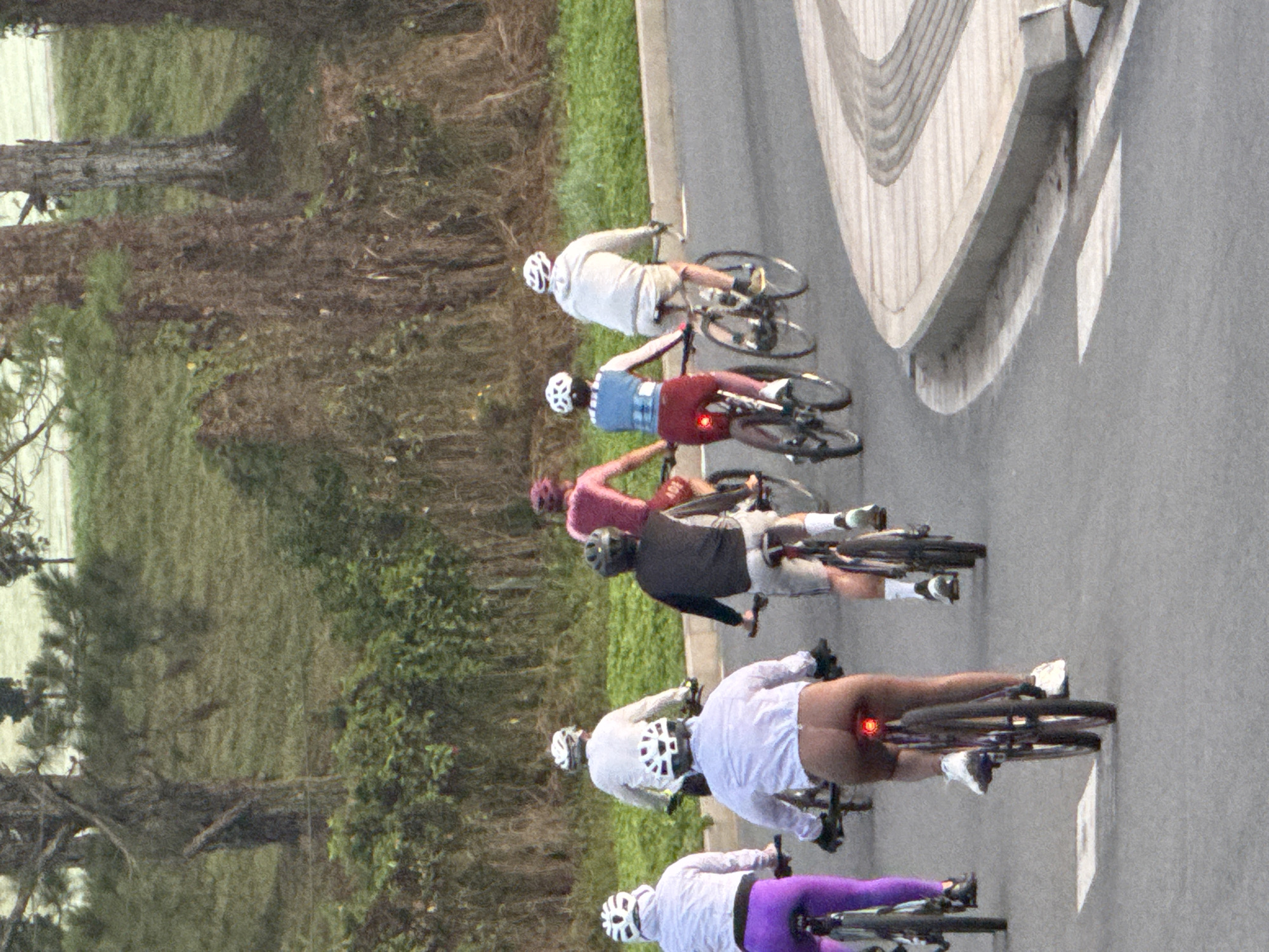 A group of six cyclists are riding on a paved road in Phường Xuân Hương, Đà Lạt, Vietnam. The road curves to the right, with a concrete curb and textured walkway on the right side. The cyclists are wearing helmets and athletic clothing, and are riding in a single file formation, with the exception of one cyclist who is slightly ahead of the others. The background consists of a grassy slope with scattered trees, suggesting a park or natural area. The lighting indicates it is either early morning or late afternoon. The cyclists appear to be enjoying a recreational ride.