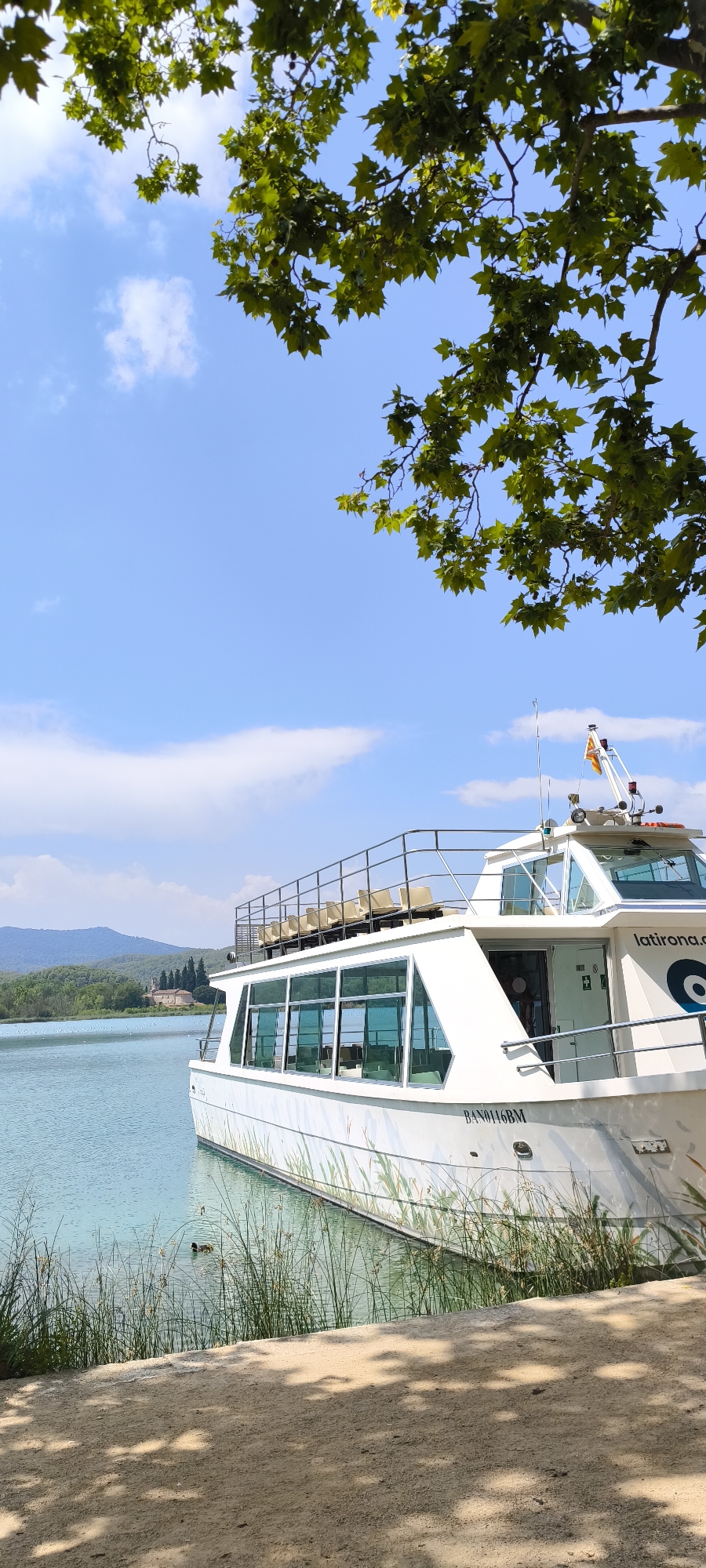This is a vertical, eye-level, medium shot of a white passenger boat docked on the tranquil, turquoise waters of Lake Banyoles, Spain. The boat, with its large windows and upper deck equipped with rows of beige seating, is the central subject. On the side of the boat, the registration number "BAN01146BM" is visible, along with a stylized mural of green reeds. To the right of the boat, the text "latirona.c" is partially visible. The lake extends into the background, where rolling green hills, dotted with trees and a small building with a tower, form the horizon under a bright blue sky with scattered white clouds. In the foreground, a sandy path with dappled sunlight filtering through overhead leaves leads to the water's edge, where tall reeds grow. A single duck swims in the water near the reeds. The scene is bathed in bright sunlight, suggesting a clear, pleasant day. The perspective places the viewer on the shore, looking towards the docked vessel.
