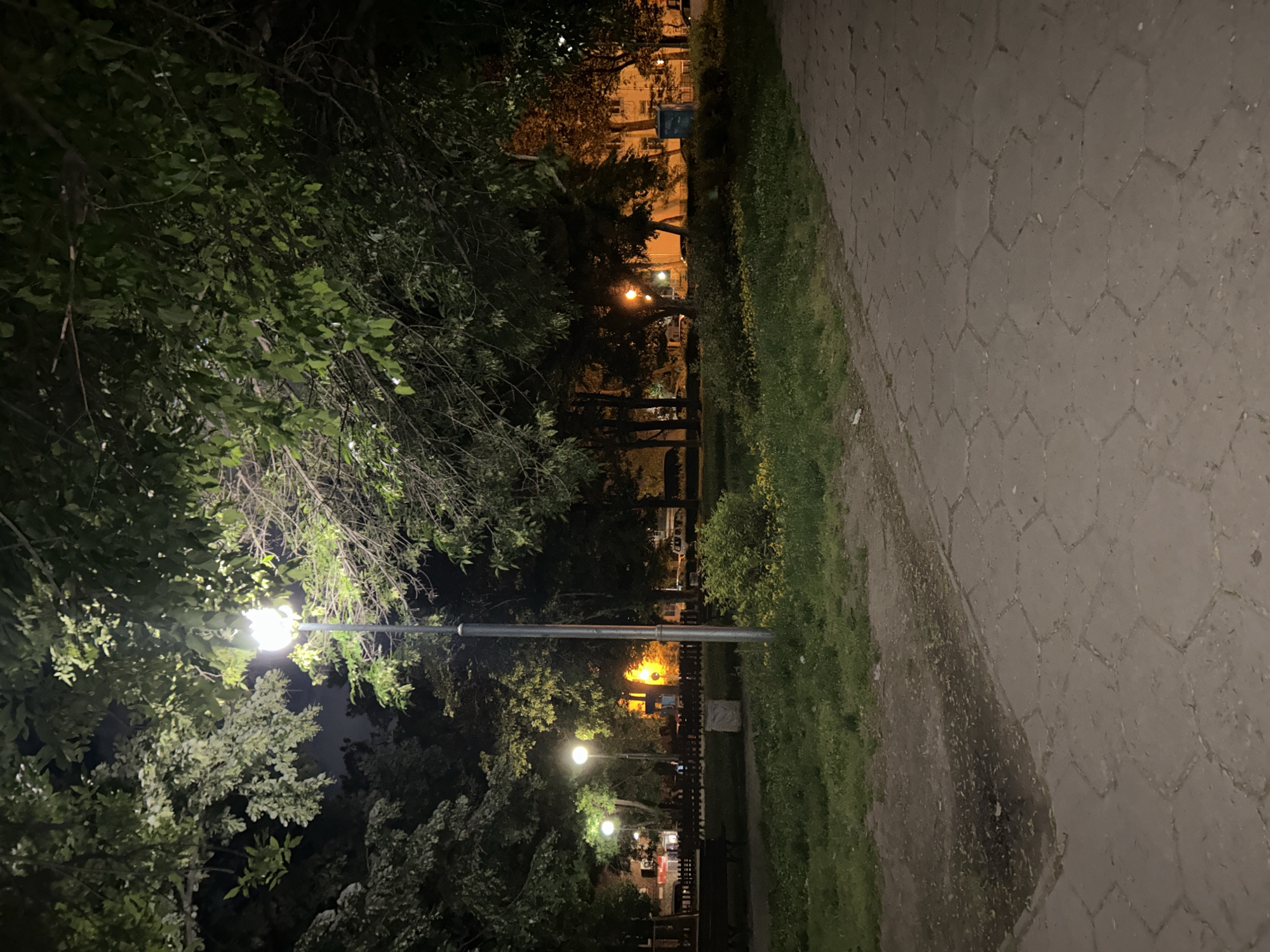 The image depicts a night scene in a park, possibly in Plovdiv, Bulgaria, based on architectural styles. A paved walkway with a hexagonal pattern extends along the right side of the frame. To the left of the walkway is a grassy area interspersed with trees and foliage. Streetlights illuminate the park. One streetlight in the lower-left foreground is brightly lit, casting light on the nearby trees. Further into the park, additional streetlights can be seen. In the background, there is a building. The scene is dark and sparsely populated.