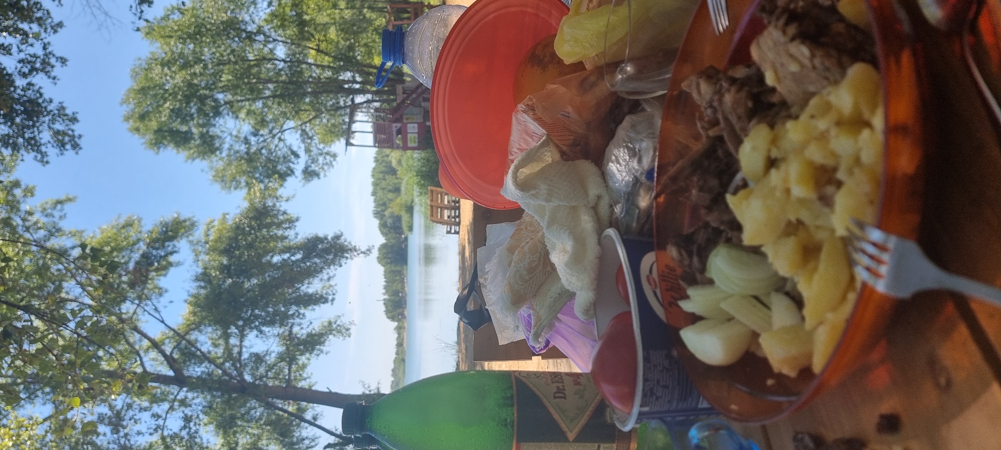 This is a photograph taken outdoors, likely at a picnic or outdoor gathering, near a body of water. The foreground is filled with food items arranged on a table, including what appears to be cooked meat and potatoes, chopped onions, and tomatoes in a container. There are also plastic bottles of liquid, a large red bowl, and napkins. The background shows a lake or river with trees and vegetation on the opposite shore, and a small wooden structure that might be a lifeguard tower or observation post. The sky is clear and blue, indicating fair weather. The scene suggests a casual, recreational setting. There are no people clearly visible in the image. The photograph does not provide any specific visual cues to determine its location within the city of Aktobe, Kazakhstan.
