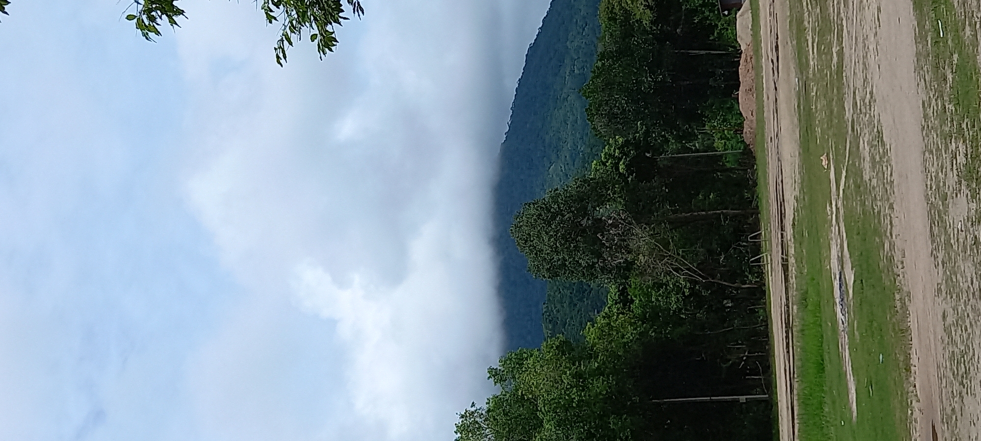 The image shows a landscape in ตำบลเกาะพะงัน, Thailand, featuring a mountain range partially obscured by clouds. The right side of the image displays green trees and grassy terrain next to a dirt path. The sky is overcast, with clouds covering a large portion of the mountain. Some tree branches are visible in the upper left corner.