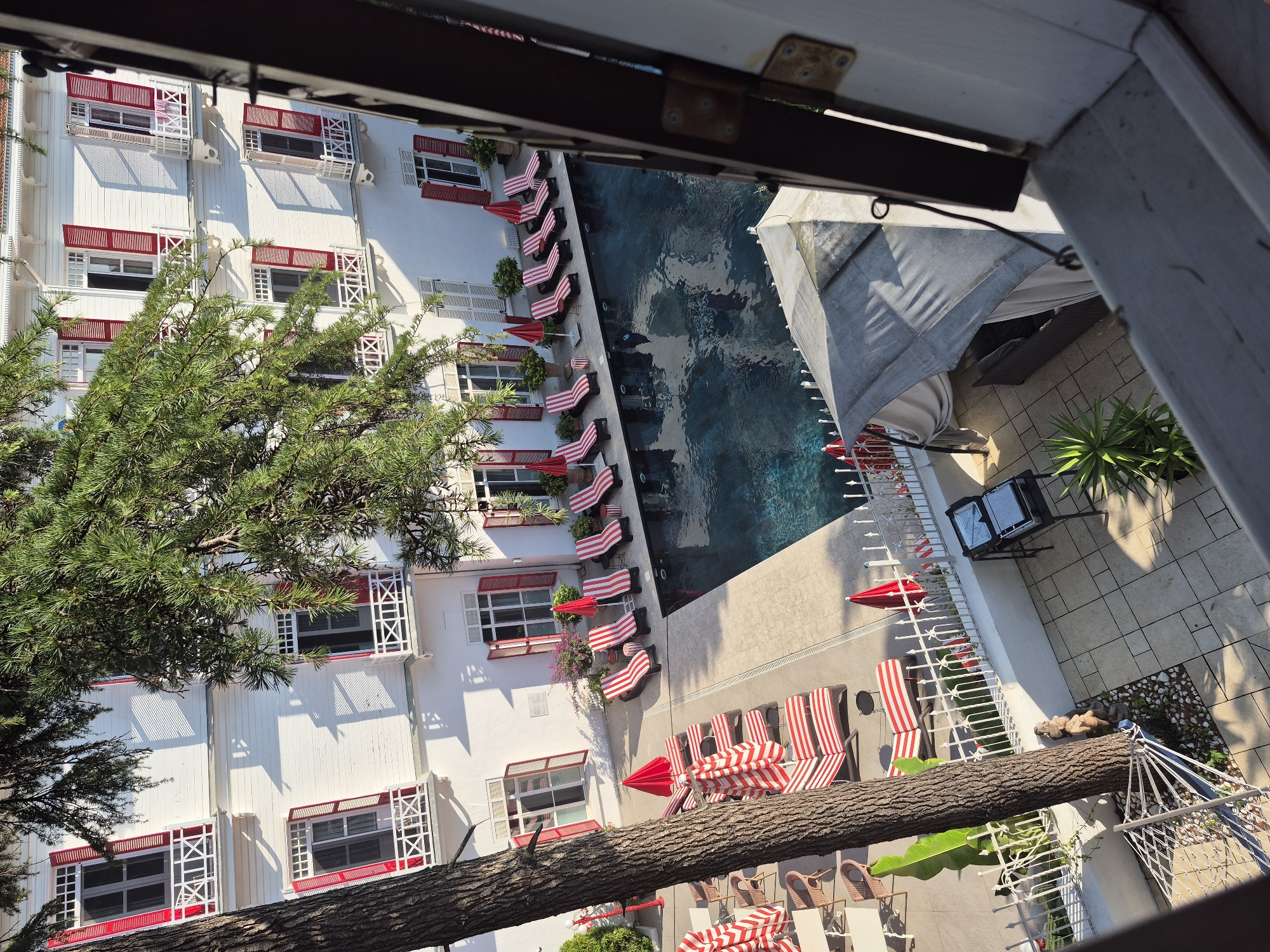 This image captures an outdoor scene at a hotel in the Prince Islands, Turkey. The main focus is a swimming pool area adjacent to a white, multi-story building with red-shuttered windows. Several lounge chairs with red and white striped cushions and matching umbrellas are arranged around the pool. A large tree with lush green foliage partially obscures the view of the building's upper floors.
The pool itself is a dark, inviting blue, reflecting the sunlight and the surrounding environment. To the left of the pool, more lounge chairs and tables are visible, along with a large tree trunk. In the foreground, a white gazebo or canopy structure offers shade, with rattan furniture underneath. Various potted plants and a metal barbecue grill are also present in the scene. The overall impression is one of a serene resort setting.