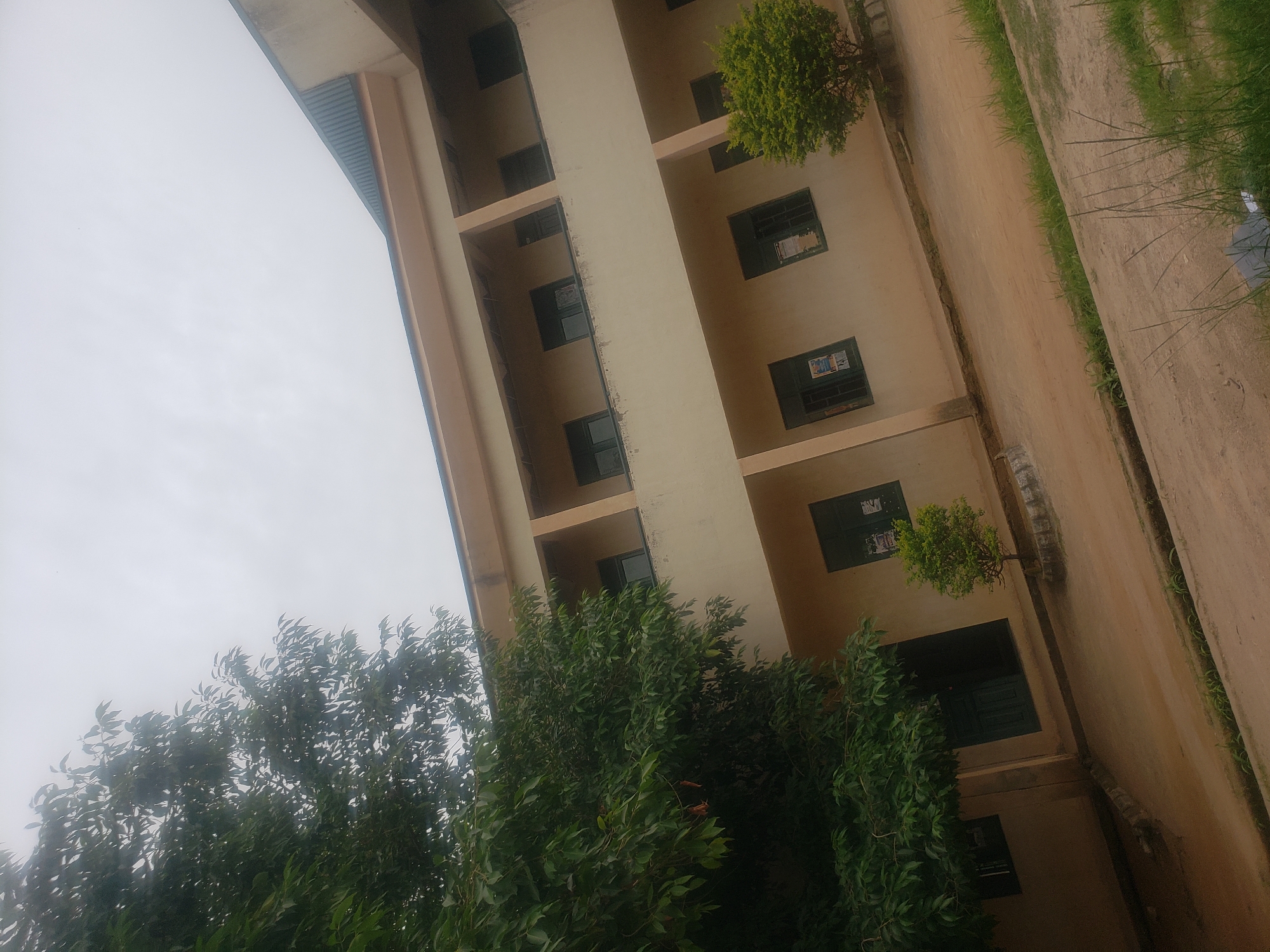 The image captures an outdoor view of a two-story building with a beige facade, set against an overcast sky. The building features a dark, corrugated metal roofline at the top. The structure has an elevated walkway or balcony on the second floor, supported by beige columns. Various dark-framed windows are visible on both floors, some with posters or papers displayed behind them.
To the left of the building, a large, mature tree with dense green foliage partially obscures the view of the structure. On the right side, a smaller, well-trimmed green bush is planted in front of the building. The ground in front of the building is a dirt or gravel path, with some patches of grass growing along the edges and in the foreground. The perspective of the image is tilted, giving the impression of a slightly downward angle.
This scene is consistent with the exterior of a school or administrative building found in urban and suburban areas of Kaduna, Nigeria. The architectural style, building materials, and the presence of surrounding vegetation are typical of such locations in the region. The overall impression is one of a functional, but somewhat weathered, institutional building on a cloudy day.