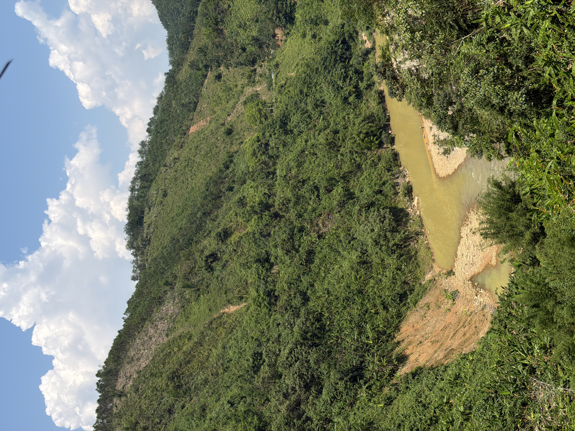A daytime, high-angle shot depicts a lush, green hillside and a river. The river is a muddy brown color. A large patch of exposed earth and a gravel bar are visible near the riverbank. The sky is blue with white clouds. Deforestation is evident on the upper part of the hillside. The location is likely in a rural or mountainous area outside of the city of Đà Nẵng, Vietnam, given the dense vegetation and terrain. There is no evidence of people or recent human activity beyond the deforestation.