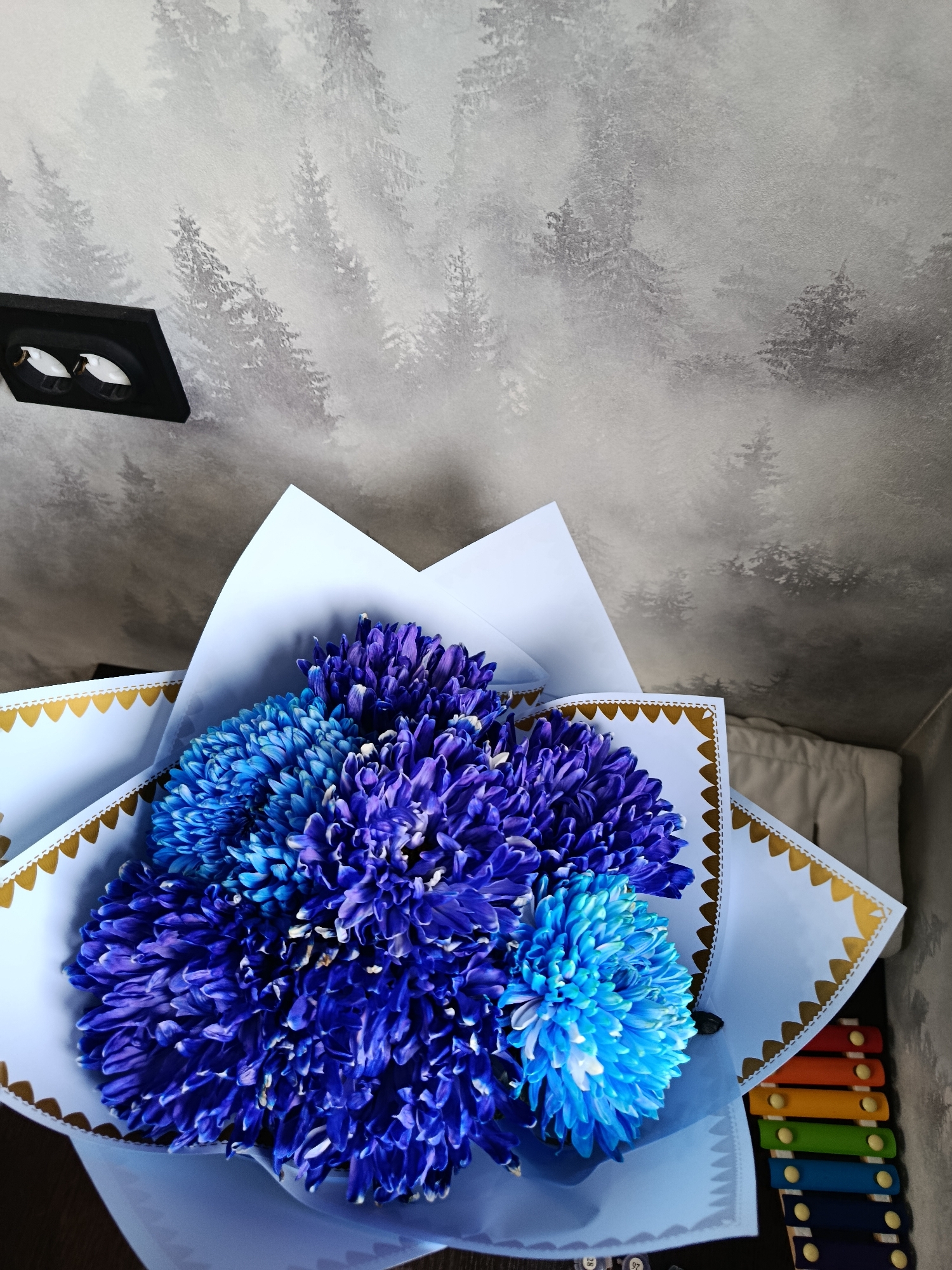 A bouquet of blue and purple chrysanthemums is displayed in a white paper wrapper with a gold heart-shaped border. The bouquet is positioned on a surface with a xylophone visible to the right. The background features a wall with a forest-themed wallpaper in shades of gray and white, and a black recessed light fixture is mounted on the wall. There are no people or discernible actions in the image. The location of Apatity, Russia, is not ascertainable from the visual information provided.