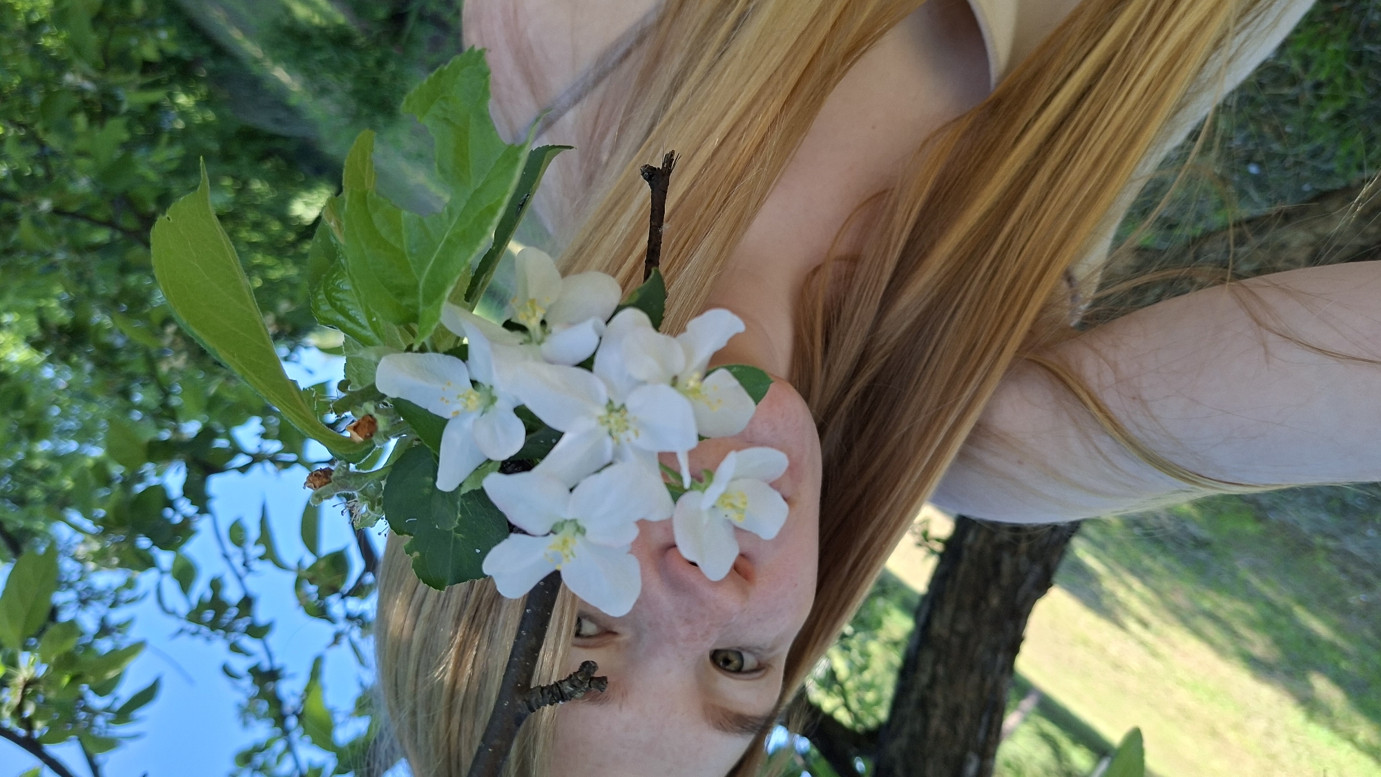 A photo shows a person with long blonde hair and fair skin holding a branch of blooming apple blossoms. The blossoms are white with yellow centers. The person's face is visible, and they appear to be looking at the camera. The background is a mix of green foliage and blue sky. The location may be Большой Букор, Russia, but this is based on the prompt and not verifiable from the image.