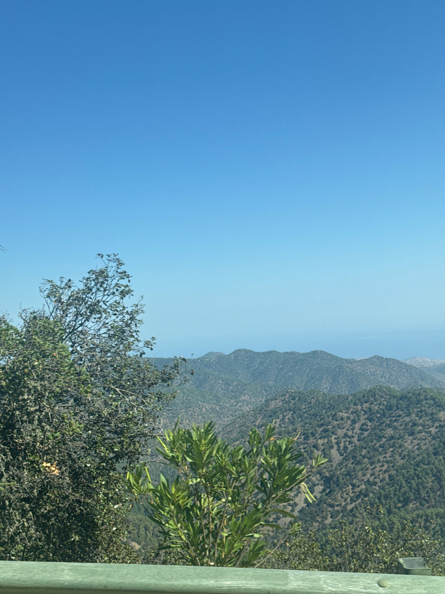A distant, hazy view of rolling, tree-covered mountains is seen under a clear, bright blue sky. In the foreground, a weathered wooden railing runs horizontally across the bottom of the frame, painted a faded green. To the left, a dense, leafy tree with bare branches occupies the left half of the image. To the right of this tree, a smaller bush with vibrant green leaves is visible. The overall scene suggests a scenic overlook, possibly in a mountainous or elevated region, with the hint of distant water or haze in the background between the mountains and the sky. The specific location is stated to be Gerakies, Cyprus. There are no people or discernible actions depicted in the image.