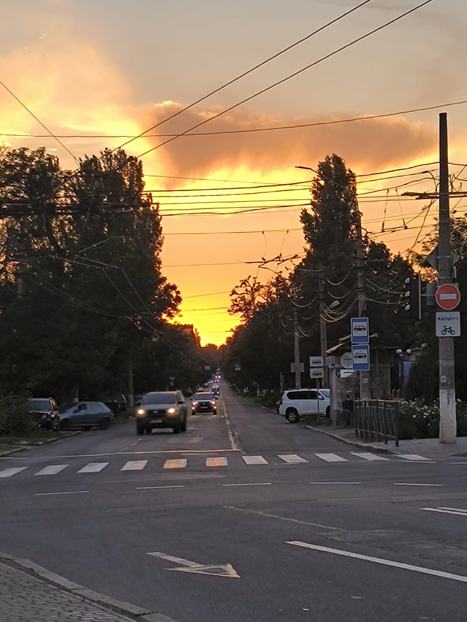 This image captures a street scene in Mykolaiv, Ukraine, during sunset. The sky is ablaze with vibrant orange and yellow hues, illuminated by the setting sun which is partially obscured by clouds. Power lines crisscross the sky, casting shadows over the road and the dense foliage of trees lining both sides of the street.
The road itself is asphalted and marked with white lines, indicating lanes and a pedestrian crossing in the foreground. Several cars are visible on the road, some driving away from the camera and others parked on the side. On the right side of the street, a utility pole stands tall, adorned with various traffic signs, including a red circular sign with a horizontal white bar, indicating no entry, and a blue sign with a bus icon, signifying a bus stop. Another sign below it displays a bicycle symbol, suggesting a route or area for cyclists.
The atmosphere appears calm, with the focus on the natural beauty of the sunset and the urban infrastructure. The presence of a pedestrian crossing and bus stop signs indicates a functional urban environment. The overall scene evokes a sense of the end of the day in a residential or commercial district of the city.
