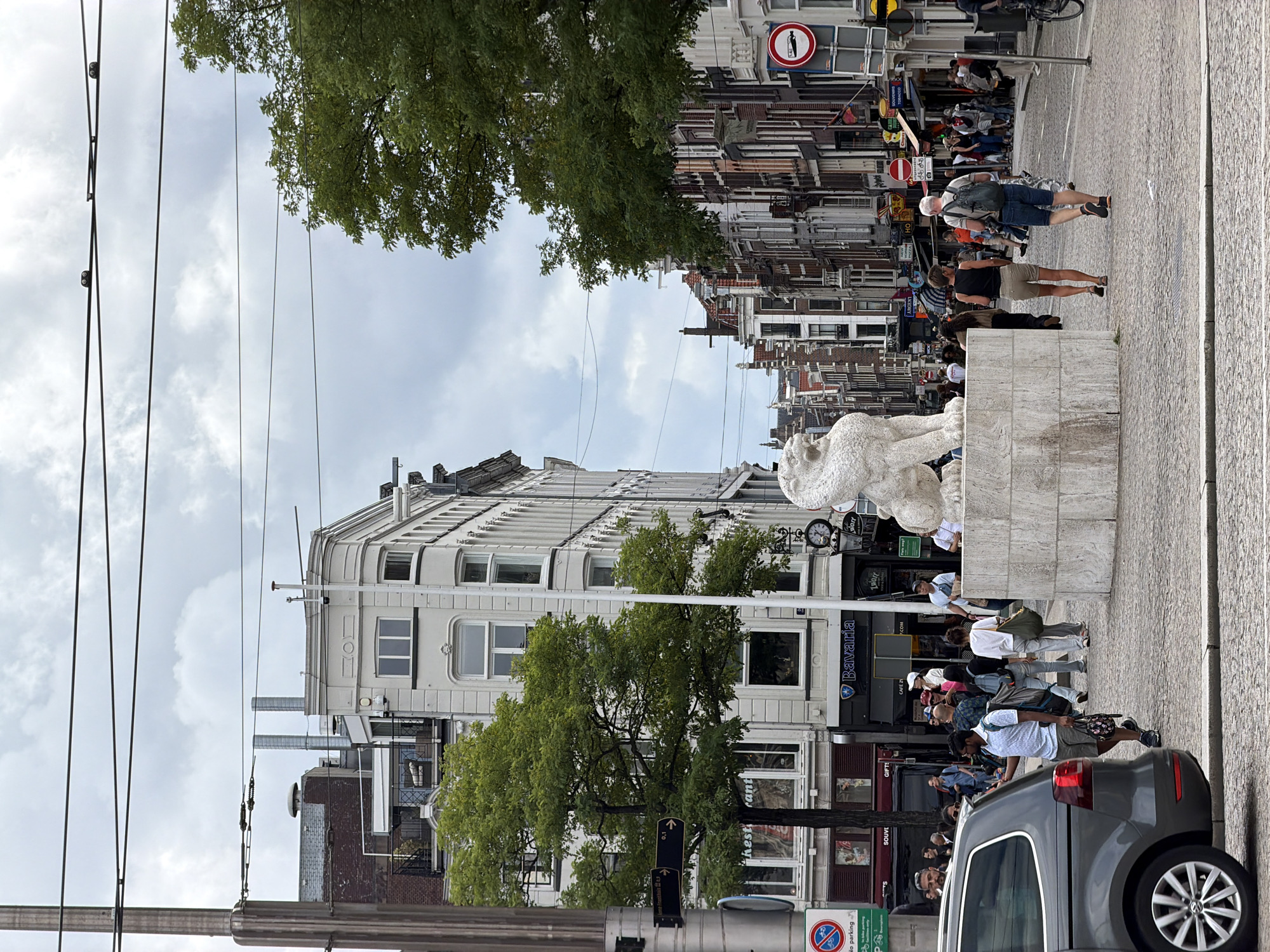 The image depicts a street scene in Amsterdam, Netherlands, likely near Dam Square, characterized by its distinctive architecture and canal-side ambiance. A large, abstract stone sculpture of a lion sits prominently in the foreground. Several people are walking around the sculpture and along the street. Buildings lining the street feature traditional Dutch architectural styles with narrow facades and steeply pitched roofs. Trees and overhead power lines add to the urban landscape. The sky is overcast, suggesting a cloudy day. The overall atmosphere is that of a busy, public urban space.