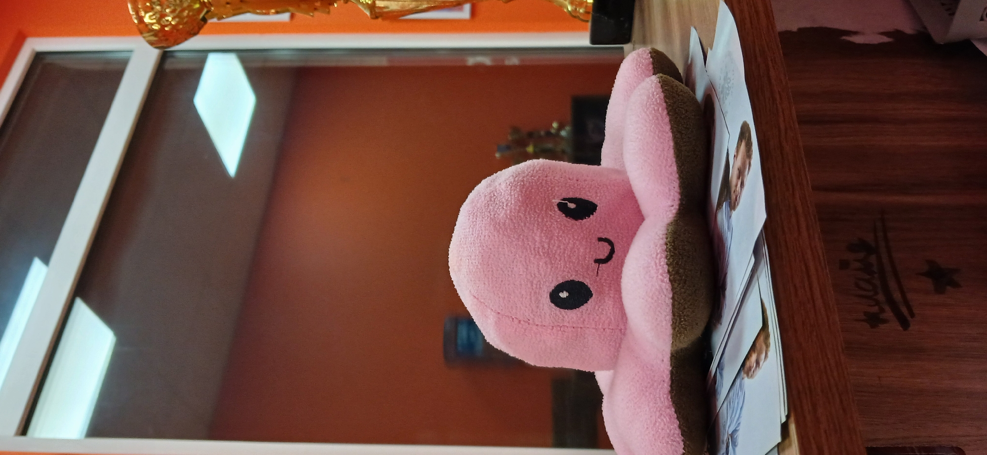 The image shows a stuffed pink octopus toy with a smiling face, resting on a surface that appears to be a desk. The octopus is positioned in the foreground, with its tentacles spread out. Behind the toy, there is a large window reflecting a room with orange walls and ceiling lights. To the right of the toy, a golden trophy is partially visible. The desk surface is made of wood and has some papers or photographs on it. There is also some graffiti or writing on the wooden surface below the desk. The setting appears to be an indoor environment, possibly an office or a room. There is no identifiable location within the city of Khmelnytskyi, Ukraine.