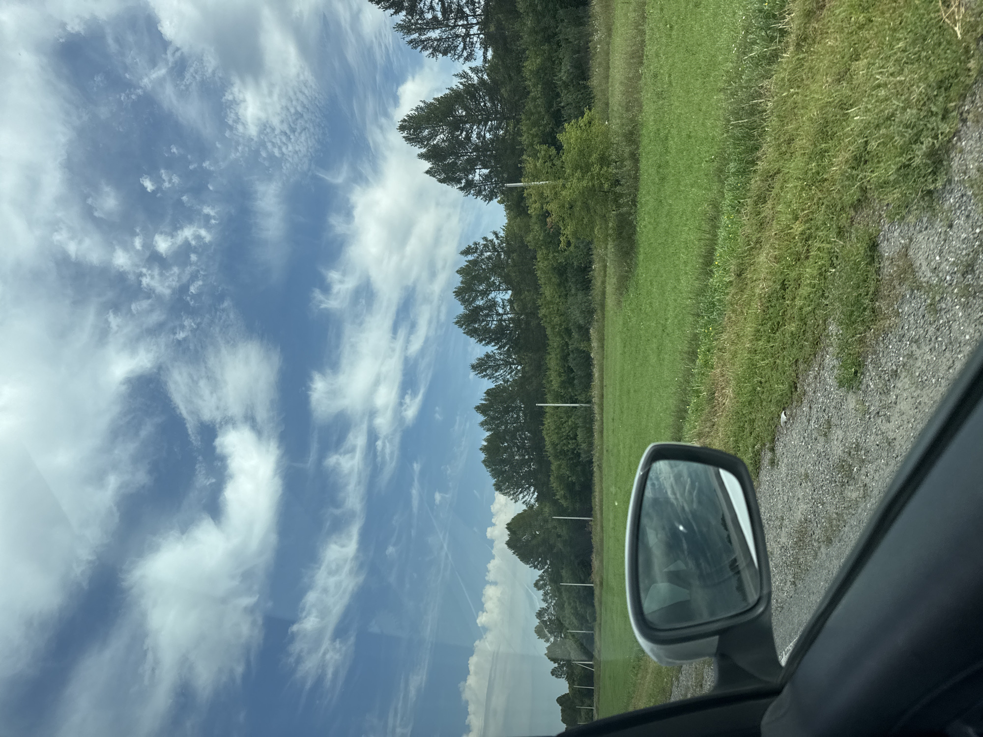 The image shows a view from inside a car looking out the passenger window towards a rural landscape. The foreground features the car's door panel and a side-view mirror reflecting the sky and trees. Beyond the car, a gravel road runs alongside a bright green grassy field. A line of tall trees, predominantly evergreen with some deciduous trees mixed in, forms a dense line across the middle ground. Several white poles are visible scattered along the edge of the tree line. The sky is a vibrant blue, filled with dramatic white, wispy clouds, some of which appear to be cirrus formations. The scene suggests a travel perspective, possibly on a sunny day in the countryside near Krasnoe, Russia, given the natural vegetation and open space.
