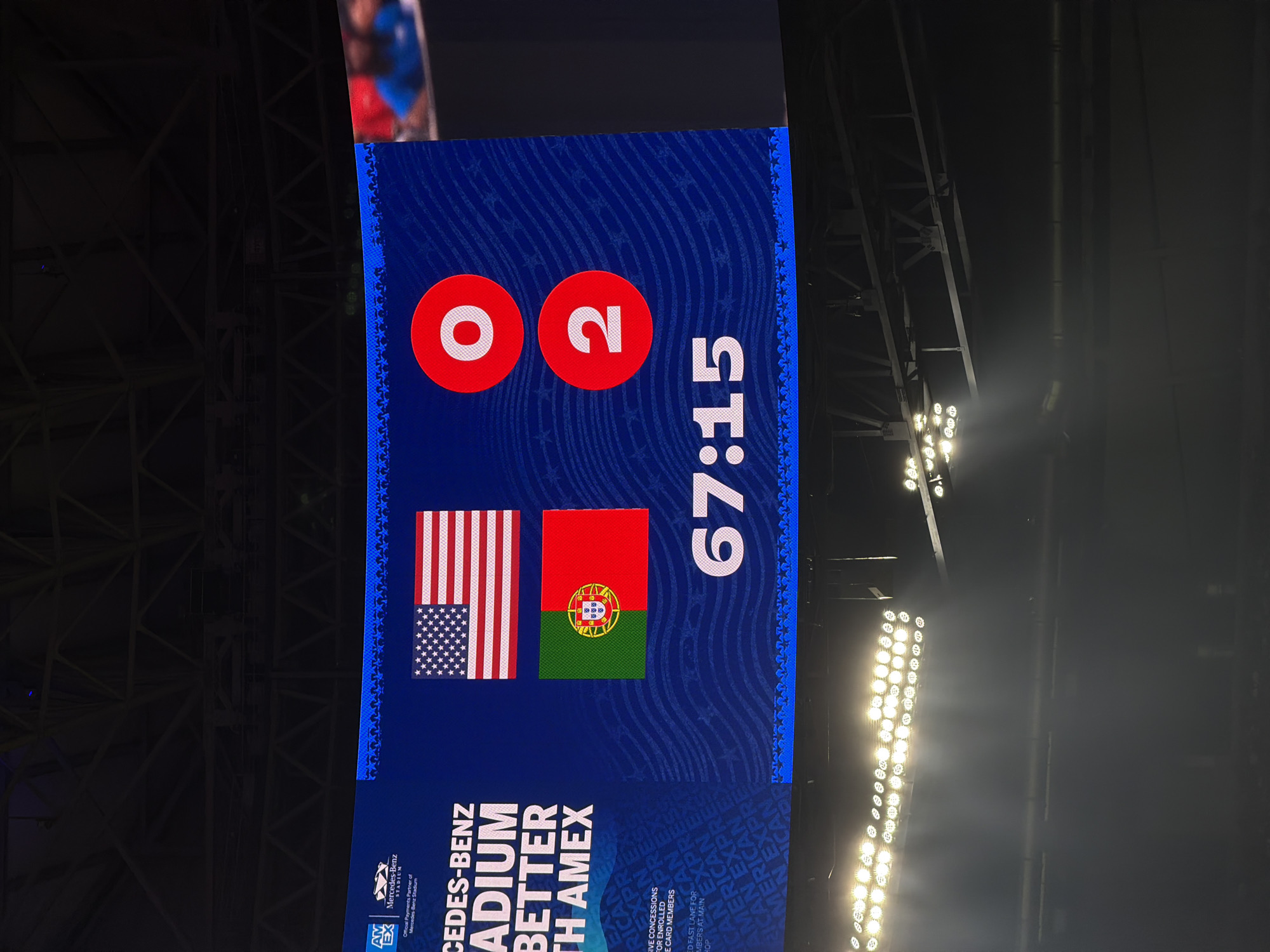 The image depicts a scoreboard at Mercedes-Benz Stadium in Atlanta, United States of America, displaying a soccer match score. The United States has 0 goals, while Portugal has 2 goals. The game clock reads 67:15. The scoreboard background is blue with a wavy pattern and stars. The stadium's branding is visible at the bottom of the scoreboard, promoting American Express. The image also captures some of the stadium lights and structural elements in the background.