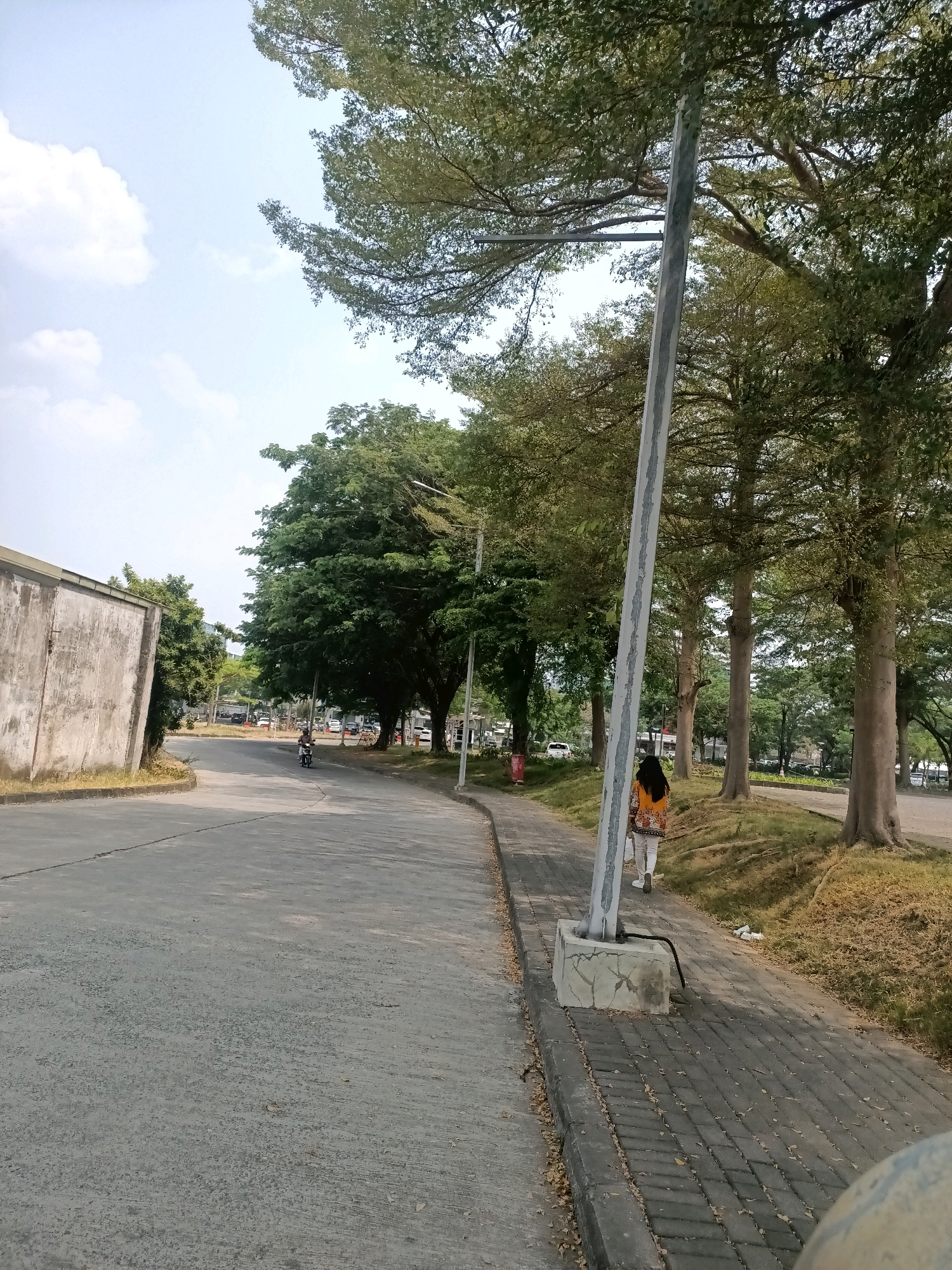 This image captures a street scene in Grogol, Indonesia. On the left, a weathered concrete building wall with some graffiti is visible. A paved road curves into the distance, with a motorcycle rider heading away from the camera. A sidewalk made of interlocking bricks runs parallel to the road on the right side of the image. A tall, slender pole, possibly a lamppost, stands prominently on the sidewalk. A woman with long dark hair, wearing a colorful patterned long-sleeved shirt and light-colored pants, walks away from the camera on the sidewalk. She is positioned near the base of the pole. The background is filled with a dense line of trees with green foliage, some of which are quite large. The sky above is light blue with scattered white clouds. The ground on the right side of the sidewalk is covered in dry grass and some scattered white debris.