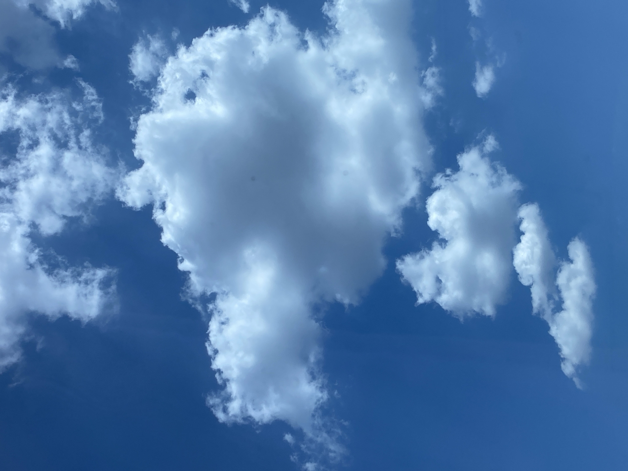 A bright blue sky is filled with white cumulus clouds of varying sizes. The clouds are illuminated by sunlight, creating shadows and highlighting their fluffy texture. In the foreground, there is a large, dominant cloud formation. Below it, smaller clouds are scattered across the sky. The image appears to be taken on a clear, sunny day. There are no people, buildings, or any other objects visible in the frame, only the sky and clouds.