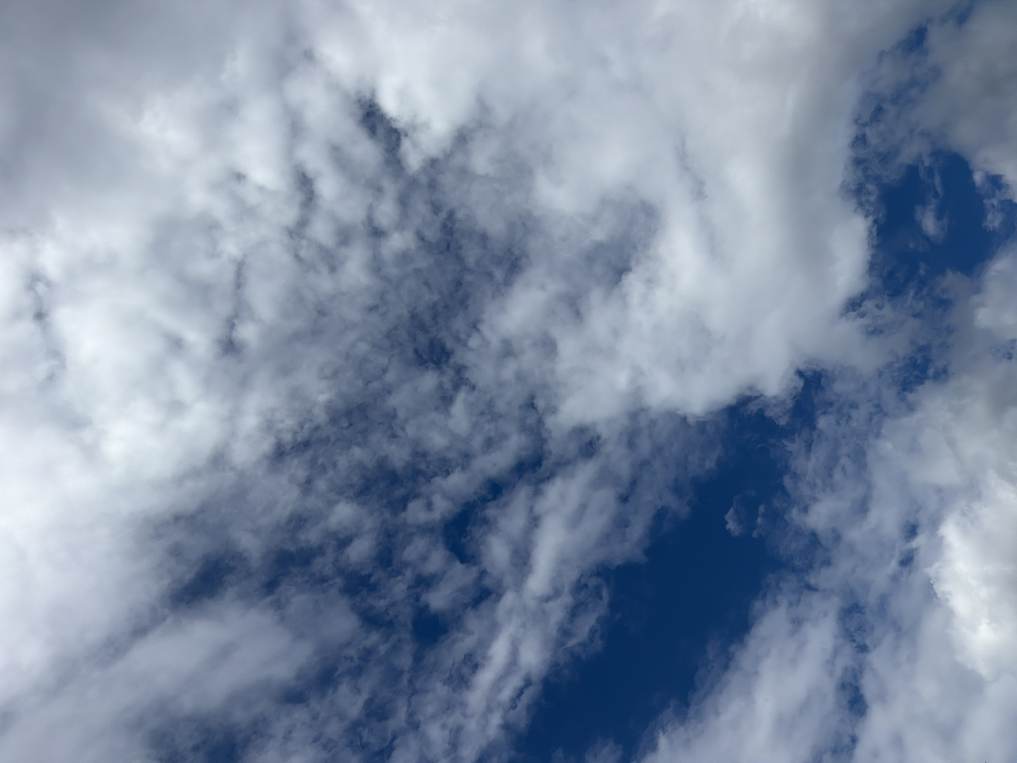 A low-angle, medium shot captures a dynamic sky over Chaikovsky, Russia, filled with a mix of bright white cumulus clouds and deep blue sky. The clouds are varied in density and texture, with some appearing wispy and scattered, while others are more solid and voluminous. They are predominantly positioned in the upper half and right side of the frame, with a clear expanse of deep blue sky occupying the lower left portion and peeking through gaps in the clouds. The lighting suggests it is daytime, with sunlight illuminating the clouds from above, creating subtle shadows and highlights that add depth and dimension to their forms. There are no people, structures, or specific landmarks visible, making the scene an abstract study of atmospheric conditions. The overall impression is one of an active sky, perhaps before or after a weather change.