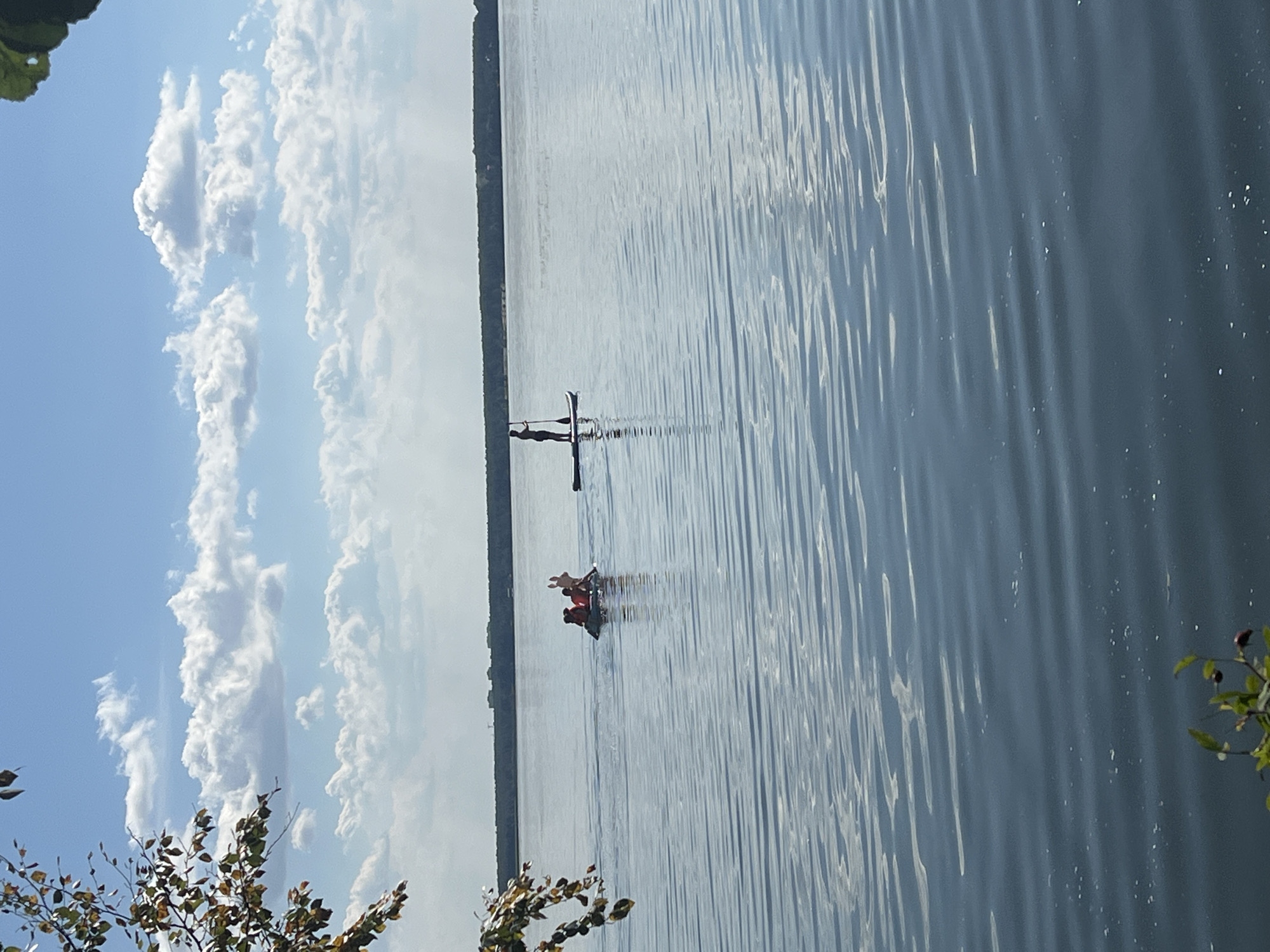 In the city of Romashka, Russia, a serene body of water is depicted on a day with a partly cloudy sky. In the mid-ground, a person is stand-up paddleboarding. Further left, on a small raft-like object, four individuals are seated, two of whom appear to be children. They are all wearing life vests. The water is calm with visible ripples. The far background features a treeline and a distant cityscape. Foliage from a tree is visible in the foreground on the left side of the image, and a small plant with berries is present in the lower right corner.