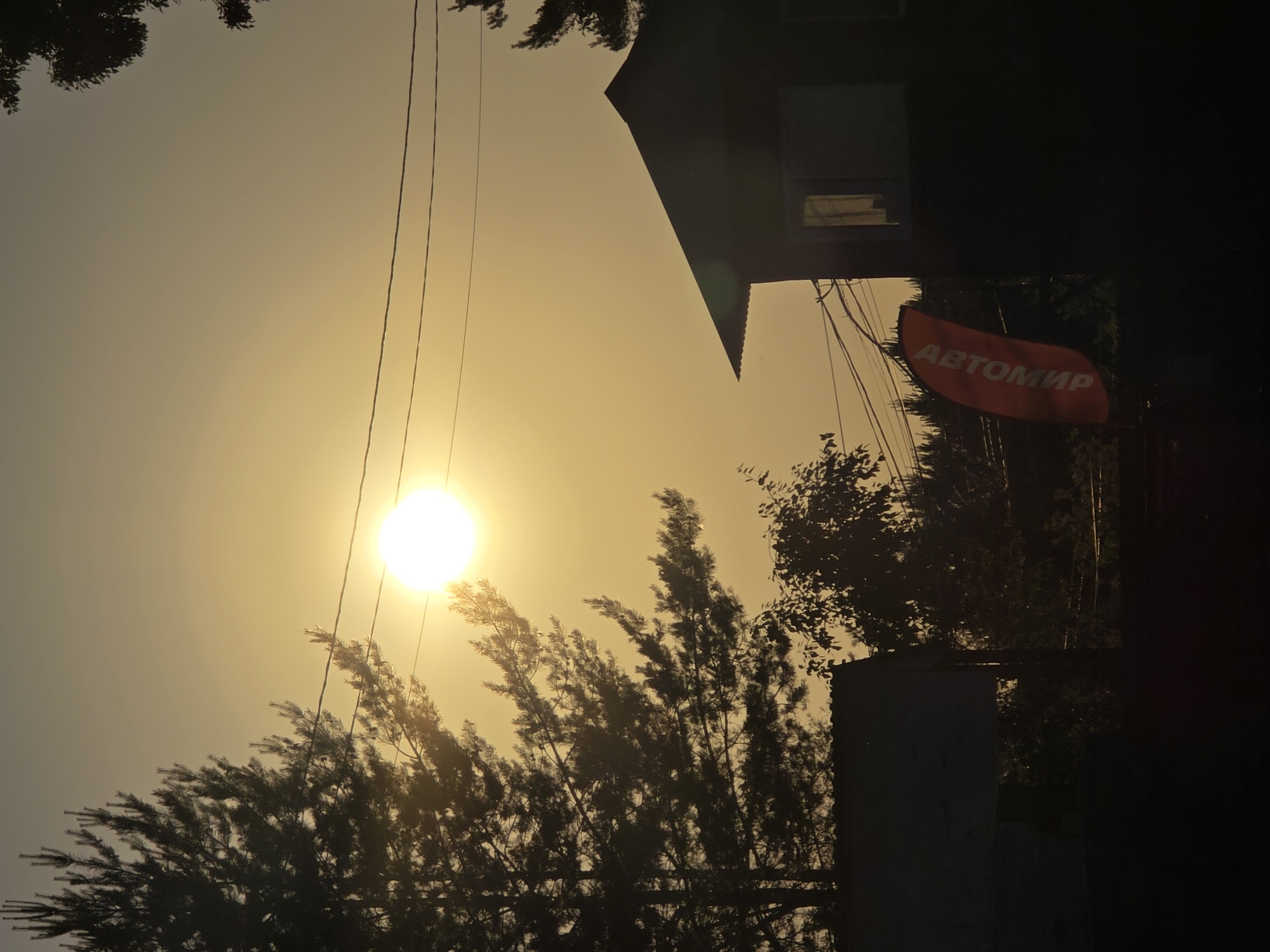 The image depicts a sunset scene with the sun as a bright, yellow orb low in the hazy sky. Silhouetted against the sky are the tops of pine trees on the left and a dark-colored building with a gabled roof on the right. Power lines stretch horizontally across the frame. In the foreground, to the left, is another dark structure, possibly a shed or the roof of a building. A red, teardrop-shaped flag with white lettering, appearing to be "АВТОМИР" (Avtomir), is visible to the right of the center, leaning against something obscured from view. The overall environment suggests a rural or semi-urban setting, possibly on the outskirts of Chaikovsky, Russia, given the presence of buildings and the sky suggesting a temperate climate. There are no people or animals visible in the image.